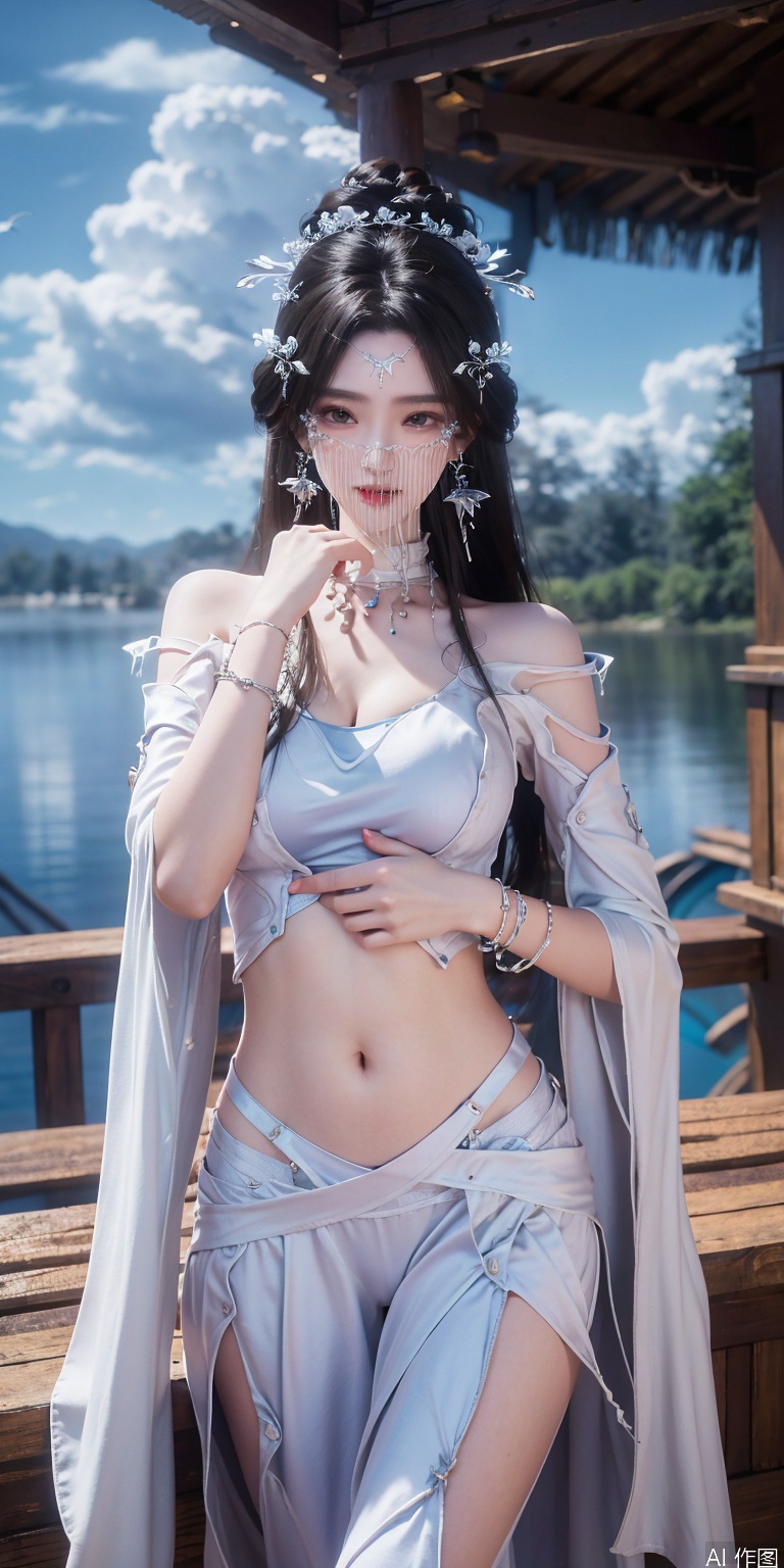 best quality, masterpiece, realistic,cowboy_shot,(Good structure), DSLR Quality,Depth of field,kind smile,looking_at_viewer,Dynamic pose, 
,Short skirt,Blue sky, white clouds, ocean, nai3, 1girl, solo, crop top, , choker, navel, shirt, midriff, crop top overhang, looking at viewer, white shirt, jewelry, breasts, bare shoulders, off-shoulder shirt, off shoulder, black choker, thighs, stomach, long hair, bracelet, short sleeves, ribbon, hand up, collarbone, hair ribbon, medium breasts, , bra strap, , hair ornament, thigh gap, necklace, expressionless,anmiaoyi