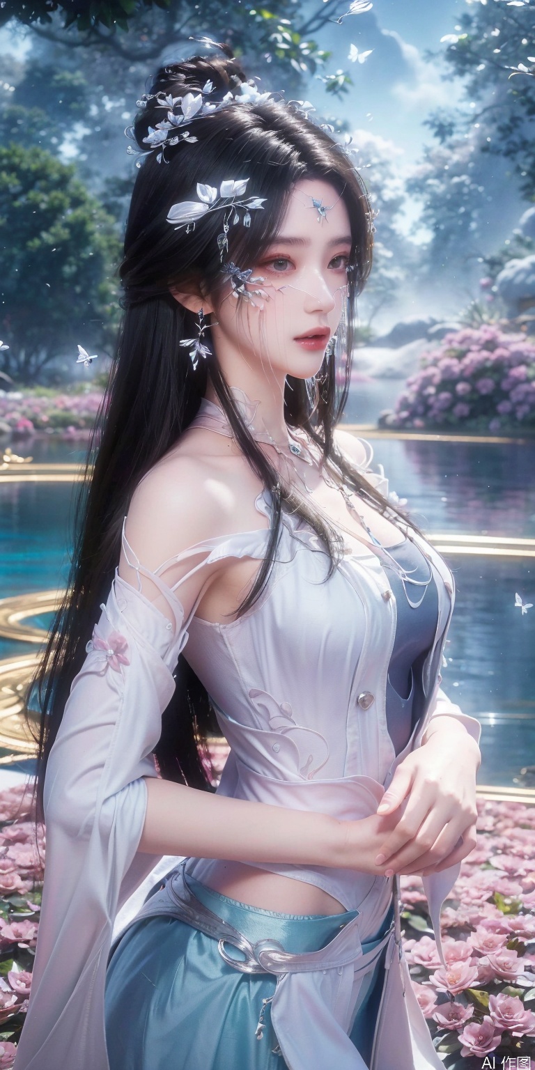(masterpiece, best quality, ultra-detailed, highres, best illustration),1girl,solo,cowboy shot,looking_at_viewer,
side lighting,lustrous skin,(shine),(shiny skin, cetlic elements, norse heritage),ray tracing,wind swept hair,detailed hair,detailed face,depth_of_field,very detailed background,extreme light and shadow,(detailed eyes),perfect anatomy,,dynamic angle,1girl,((sea of pink flowers,with butterflies everywhere.,fluttering butterflies in the sky,colorful auspicious clouds,)),
Short top,ultra short skirt , 