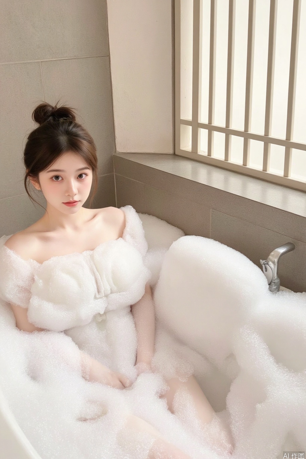 1 girl, solo, watching the audience, brown hair, black hair, bath, foam, indoor, water, bun, window, single bun, partially immersed, realistic, foam, bath, bathtub.
