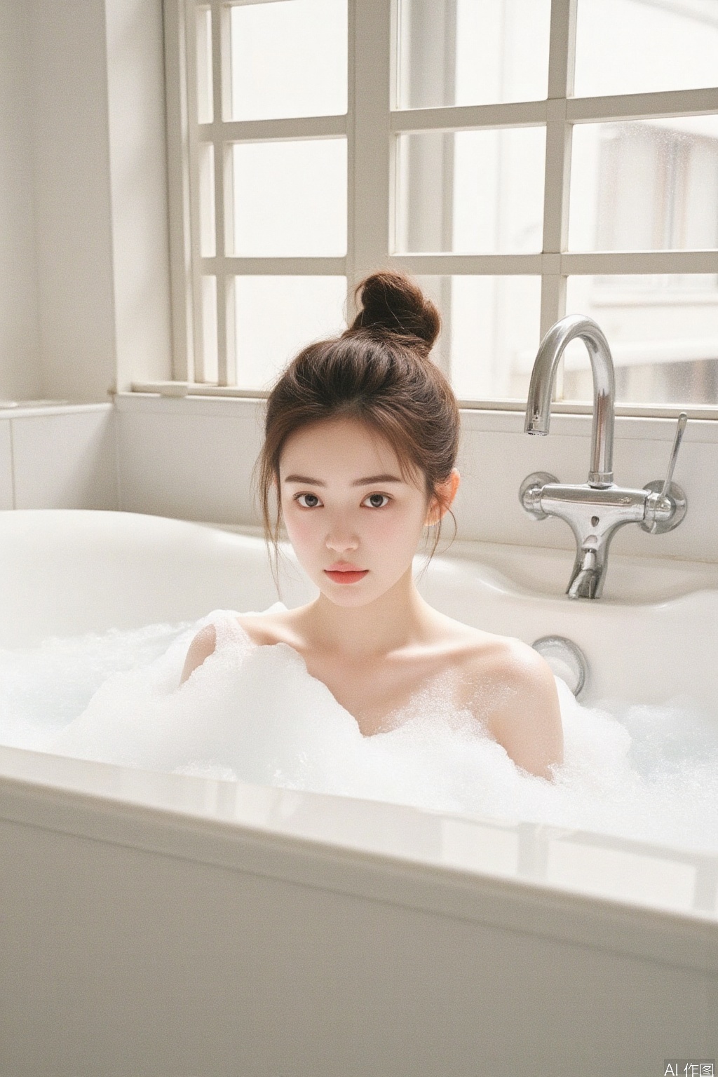 1 girl, solo, watching the audience, brown hair, black hair, bath, foam, indoor, water, bun, window, single bun, partially immersed, realistic, foam, bath, bathtub.