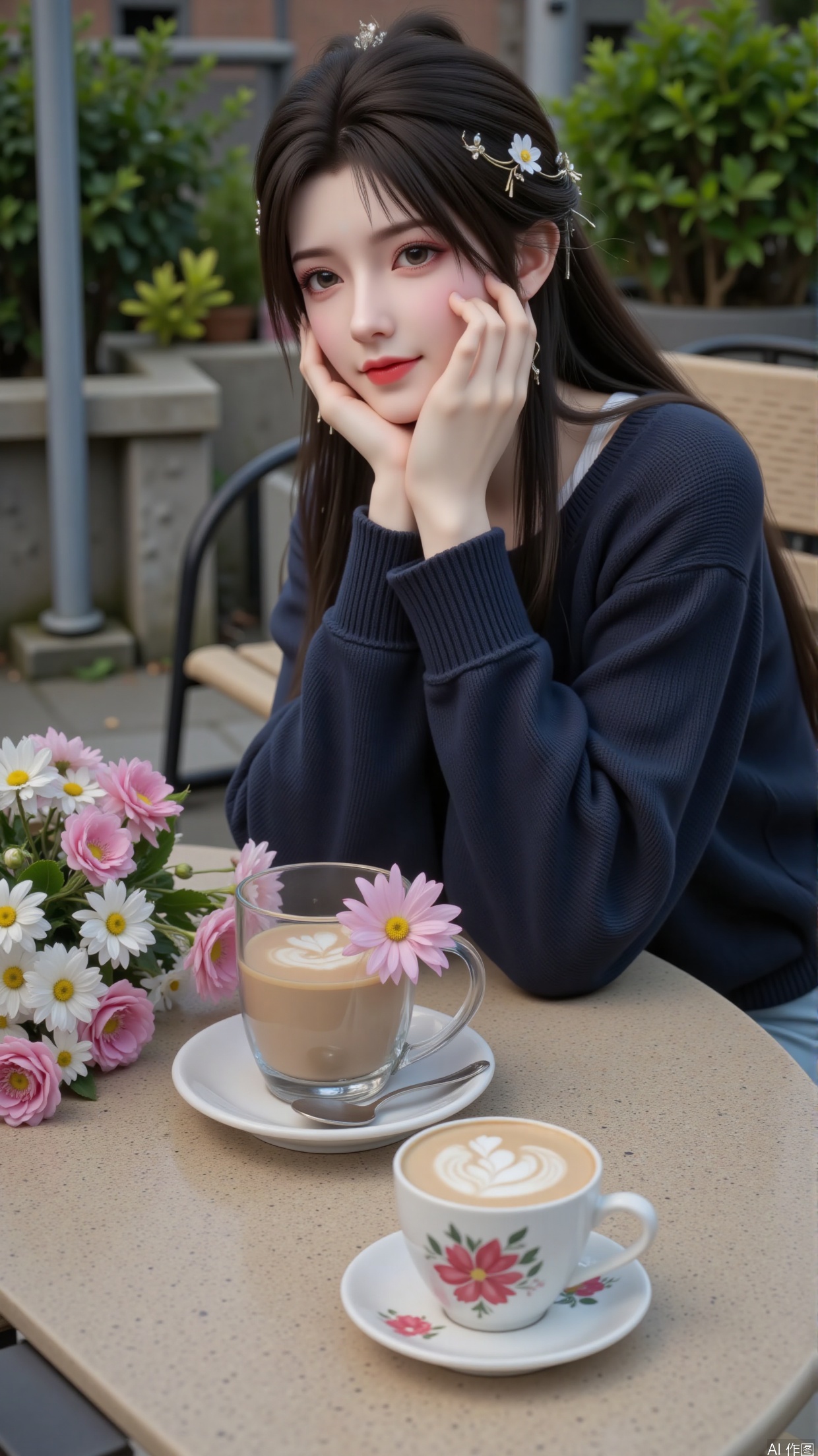 - Overall: Conveys a sense of leisure, coziness, youthfulness, and sweetness.
- Art Style: Realistic style with delicate images, soft and natural colors, and a rich sense of life texture.
- Composition: The character is centered in the picture. The coffee and flowers on the table serve as foreground elements, balancing the composition and highlighting the main subject.
- Character's Posture: With elbows on the table, one hand supporting the cheek and the other holding a spoon, the posture is cute and charming, showing the girl's agility.
- Viewing Angle: A level - viewing angle gives a sense of intimacy and close - range contact.
- Expression: Bright eyes and a smile on the lips, with a gentle and sweet expression, conveying a joyful and relaxed mood.
- Hairstyle: Long, black hair draped over the shoulders, paired with an exquisite small flower hair accessory, adding a touch of tenderness and romance.
- Movement: The action of holding a small spoon is natural, echoing with the action of supporting the cheek, fully demonstrating the girl's innocent charm.
- Clothing: A dark blue knitted sweater paired with a light - colored inner layer is simple yet full of youthful charm, in line with the image of a young girl.
- Makeup: A clear and translucent base makeup, with light pink - toned eye makeup, blush, and lip makeup, highlighting a healthy complexion. The makeup is delicate and natural, emphasizing a sweet style.
- Matching: The colors of the clothing match harmoniously. The hair accessory echoes with the flowers on the table, creating a coordinated and unified overall look.
- Decoration: The flower hair accessory is small and exquisite, enhancing the overall look and adding to the sweet atmosphere.
- Background: Outdoor green plants create a comfortable and natural outdoor leisure environment.
- Image Quality: Clear and sharp, with rich details and high color - rendering accuracy, well - presenting the textures of both the character and the scenery.