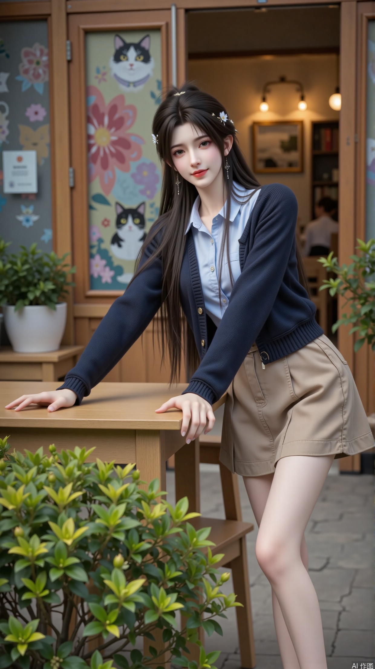 - Overall: Presents a youthful, fashionable and cozy atmosphere, making the picture feel comfortable and beautiful.
- Art Style: Tends to be realistic. The depiction of the character and the scene is delicate and lifelike, with soft and natural colors, full of a sense of life.
- Composition: The character is positioned slightly to the right of the center of the picture, forming a visual focus. The background on the left and the foreground elements such as the tabletop and green plants balance the picture, resulting in a harmonious composition.
- Character's Posture: Leaning sideways on the table with the body slightly bent, the posture is elegant and relaxed, showing a casual sense of beauty.
- Viewing Angle: Shot from a平视(eye - level) angle, it gives a sense of intimacy and naturalness, as if the viewer is interacting with the character on - site.
- Expression: Wearing a smile, with bright and gentle eyes, conveying a sweet and joyful mood.
- Hairstyle: Long, shiny black hair falls naturally, adding a gentle temperament and enhancing the facial lines.
- Movement: Both hands rest on the edge of the table to support the body. The movement is natural and smooth, fully demonstrating youthful vitality.
- Clothing: Wears a light blue shirt as an inner layer, a dark blue knitted cardigan on the outside, and a khaki pleated short skirt, which is overall an academic - style outfit, fresh and age - reducing.
- Makeup: The makeup is delicate. The natural base makeup is paired with light pink - series eyeshadow, blush, and lip makeup, highlighting a healthy complexion and emphasizing the brightness of the eyes, highlighting a sweet and fresh feeling.
- Matching: The colors of the clothing match harmoniously. The light and dark colors set each other off, showing the fashion taste of a young girl.
- Decoration: There is a small and exquisite brooch on the knitted cardigan as an embellishment, simple yet refined.
- Background: There is a colorful cat mural, combined with glass doors and windows and the blurred warm - toned lights indoors. The foreground has green plants and flowers, creating a warm and literary atmosphere.
- Image Quality: The image is clear with rich details. The textures of the character and the scenery can be clearly presented, and the color reproduction is high.