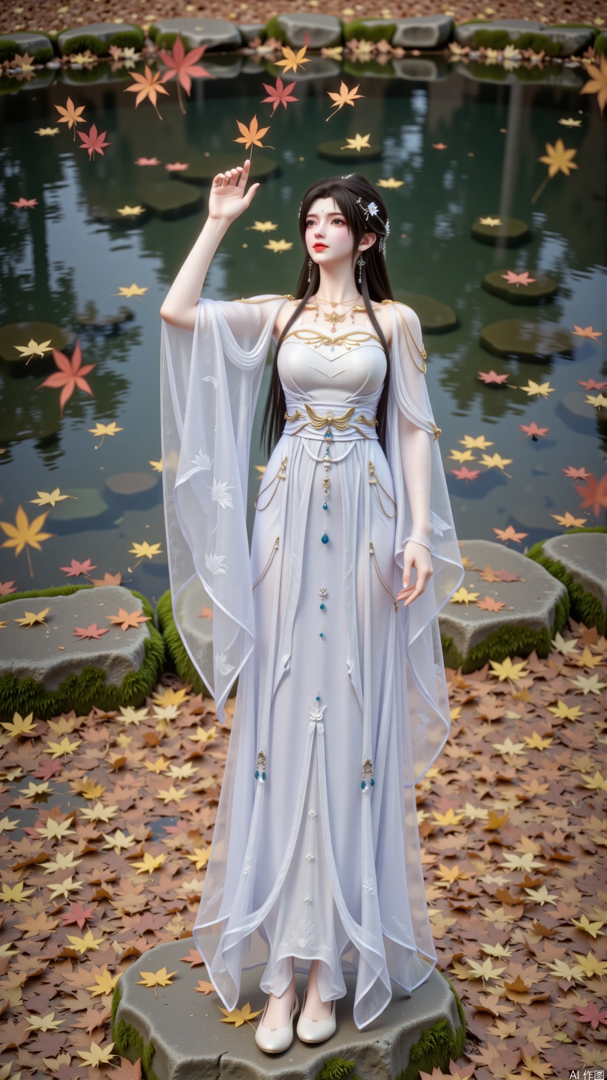 Maple tree. The pool. Clear and transparent water. A stone covered in moss. Clear and transparent water. Maple leaves float on the water surface.
Action: She stands on a stone. Moss grows all over the stones. This lady's posture is elegant and full of vitality. She gently raised her hands and touched the maple leaves falling in the air. This action not only showcases the softness of the woman, but also seems to interact with the falling maple leaves, as if feeling the scent of autumn, giving a sense of agility and elegance, as if she will fly with the autumn wind and fallen leaves in the next moment.
A young and beautiful woman, aged between 18-25, with delicate facial features.
-Hairstyle: Long, glossy black hair. Carefully combing a simple bun on top of the head, paired with delicate and small hair accessories, white flower shaped ornaments are interspersed between the hair, adding a touch of freshness and elegance, complementing the overall look. Silver hair crown.
-Clothing: Wearing a white strapless dress. The top is in a strapless style, with a gauze shawl draped over the shoulders and exquisite patterns. Wide sleeves. The waist is wrapped in a golden belt, highlighting the slender waistline. The belt is decorated with blue pendants and tassels, adding flexibility. The lower skirt has rich layers.
-Color makeup: thick makeup is beautiful, eyebrows are as thin as willows, eye makeup is elegant, and light eye shadow highlights the brightness and spirit of the eyes. Pink and natural lip color, clean facial makeup.
Wide sleeves.
-Decoration: necklace, belt. Earrings.
Light colored single mouth flat shoes with a simple upper and delicate golden lines on the edges.
-High resolution, with realistic light and shadow effects, natural transitions between highlights and shadows.
Background: The ground is covered with layers of fallen leaves, ranging from dry yellow to orange red, with rich and natural colors, as if a magnificent carpet laid by nature. A few maple leaves are still falling from the sky, further enhancing the atmosphere of autumn. These fallen leaves and falling maple leaves not only serve as a backdrop, highlighting the beauty of the woman, but also complement her clothing colors and movements, creating a beautiful, romantic, and slightly melancholic atmosphere, as if telling a story of autumn.