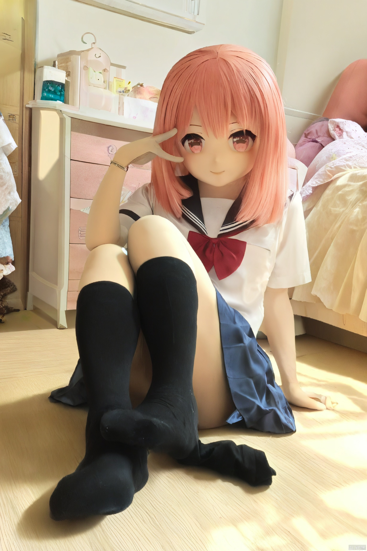 1girl,sit on the floor,bedroom,sunlight,wear sock,smile,kawaii girl,