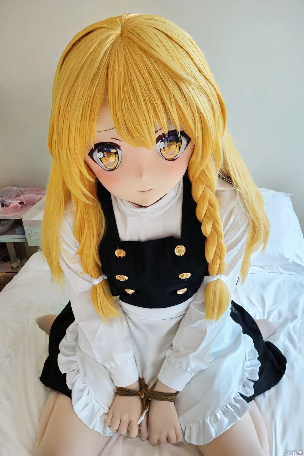 (8k masterpiece),(best quality),(detailed skin texture),
Kirisame Marisa in kigurumi style:1.2,
voluminous blonde hair with uneven bangs, strands sticking out,
dilated yellow eyes with star-shaped highlights,
flushed cheeks and ear tips,
slightly wrinkled long-sleeved dress with frilled apron,
dynamic sitting pose on rumpled bedsheets,
creating skin indentations,
soft bedroom lighting with dust particles,
(kigurumi:1.1),A binding, rope, or restraint.