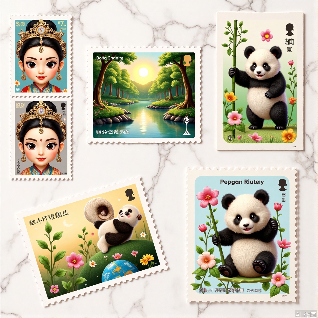A beautiful set of stamp photos showing some distinctive stamps. There is a traditional Chinese Peking Opera facial stamp. The facial stamps on the stamps are brightly colored and exquisitely patterned, showing the unique charm of Peking Opera art. Next to it is a stamp of foreign natural scenery. The picture shows a beautiful forest, with the sun shining on the ground through the leaves, giving people a feeling of tranquility. There is also an animal stamp, which shows a cute giant panda, holding a bamboo, looking cute. In a transparent philatelic, there is a flower stamp. The flowers on the stamp are colorful and have rich details, as if you can smell the fragrance of flowers. The background is white with some black lines and patterns on it, highlighting the artistic value of the stamp.