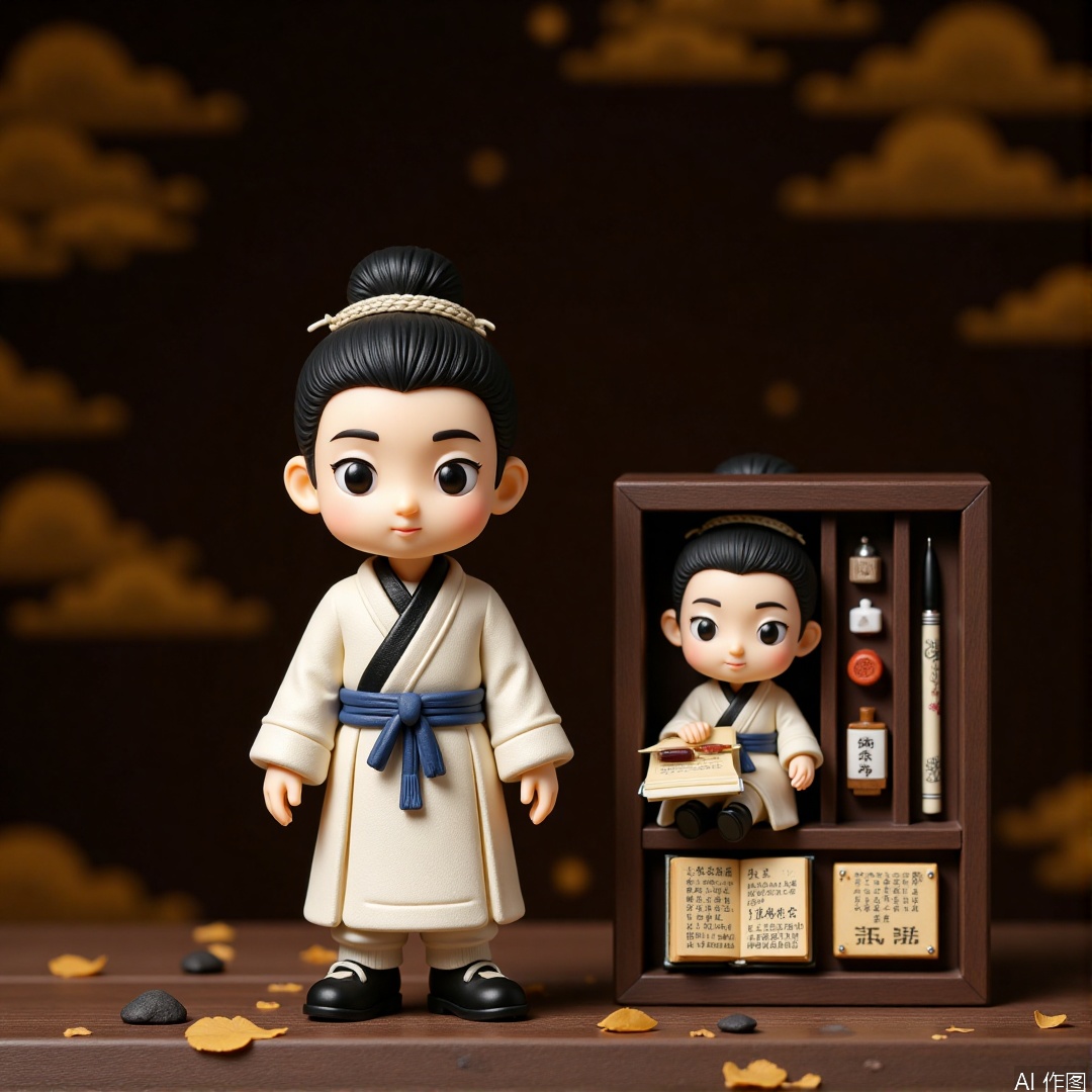 A set of photos of miniature landscapes, including two small statues of ancient scholars, wearing black square scarfs, moon-white robe, black cloth shoes and blue belt. The taller statue held the scroll and nodded slightly as if reading, while the shorter statue was in a dark brown wooden box with a brush, an ink ingot and a yellowed thread-bound book. The background is a quaint dark brown with golden cloud pattern.