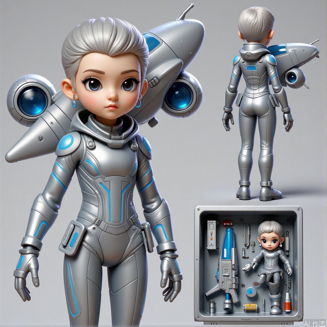 A set of vivid model photos, presenting a girl in sci-fi style. Her hair was cut short, neat and stylish, and she wore a silver helmet with some blue light fixtures on her head. Wearing a tight silver-gray combat suit, with blue lines and patterns on the clothes, as if they were energy lines, there was a small silver aircraft behind them, with blue jet ports on the aircraft. She was facing the front, with her hands crossed on her chest, her eyes were cold and her expression was serious, revealing a kind of firmness and courage. On the back, her short hair was slightly raised, and the aircraft was pressed against her back, showing a heroic and cool feeling. The rear view of the smaller model is in a silver-gray box with a blue energy gun with a blue light flashing body, a silver communicator with a blue display on it, and a blue energy battery. The background is silver-gray with some blue light effects, as if it is in the futuristic science fiction world.