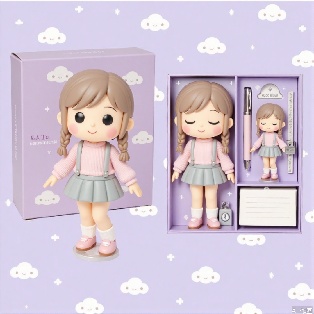 WALLPER, a set of stationery photos, including two exquisite cartoon characters ornaments, paired braids, wearing light pink sweaters, light gray strap skirts and pink small leather shoes. The taller ornaments stand, while the shorter ornaments are placed in a lilac gift box containing a pen, a note book and a small tape measure. The background is pure lilac with white cloud pattern.