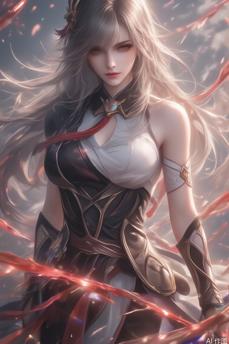 女孩,动漫角色的动画图像,长白发和蓝色的眼睛。角色穿着一件白色长袍,脖子上有一条黑色的领带。背景是浅灰色,上面有白点。boy