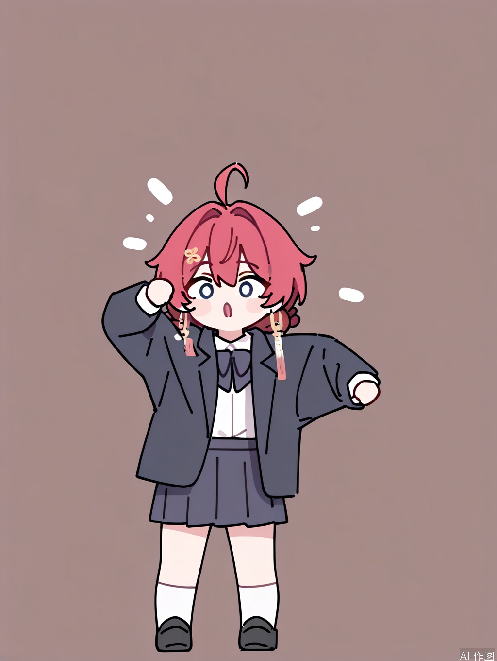 masterpiece,best quality,newest,absurdres,highres,very awa, danjin, danjin\(wuthering waves\), 1girl, black jacket, long sleeves, white shirt white socks, black skirt, braid buns, earrings, smile,  black loafer, stickers, chibi, :o, simple background,
