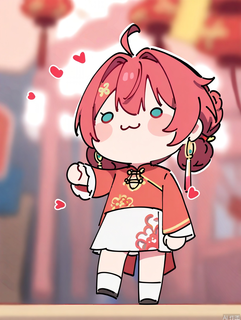 masterpiece,best quality,newest,absurdres,highres,very awa, danjin, danjin\(wuthering waves\), 1girl, long chinese dress, long sleeves, white socks, white skirt, braid buns, earrings, smile, chinese new year, black loafer, stickers, chibi, :3
