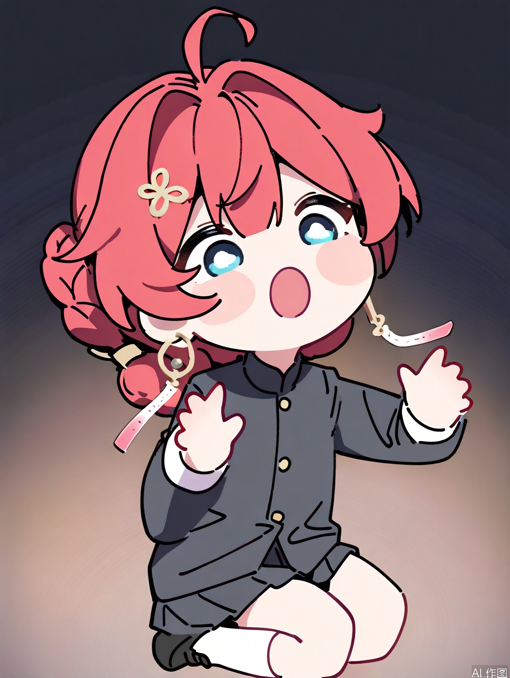 masterpiece,best quality,newest,absurdres,highres,very awa, danjin, danjin\(wuthering waves\), 1girl, black jacket, long sleeves, white shirt white socks, black skirt, braid buns, earrings, smile,  black loafer, stickers, chibi, :o, simple background,