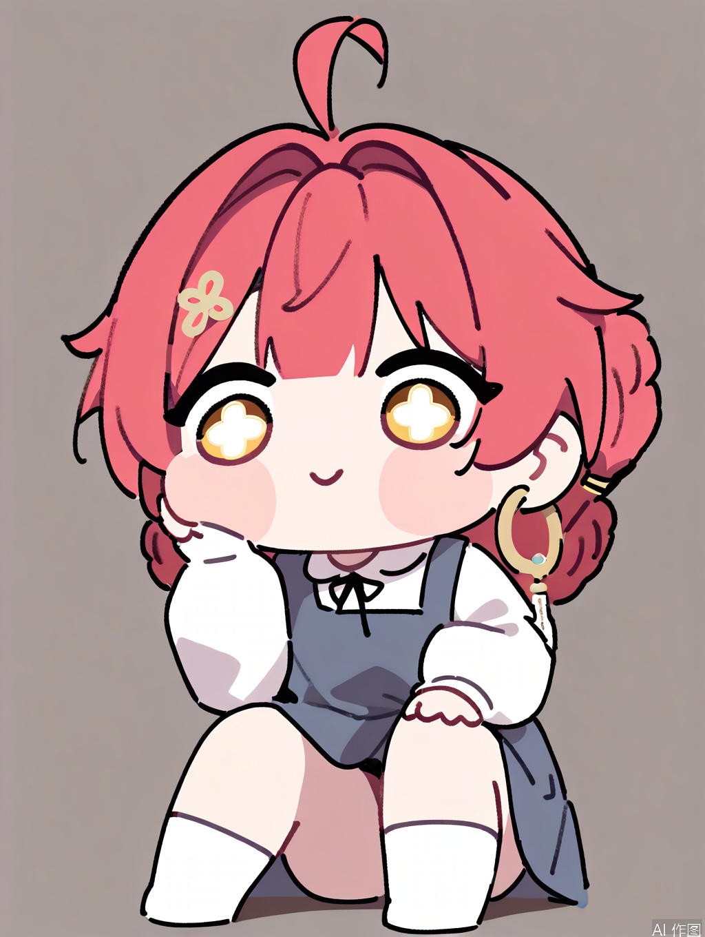 masterpiece,best quality,newest,absurdres,highres,very awa, danjin, danjin\(wuthering waves\), 1girl, pajama, long sleeves, white socks, braid buns, earrings, smile,  no_shoes, stickers, chibi, starry_eye, simple background,