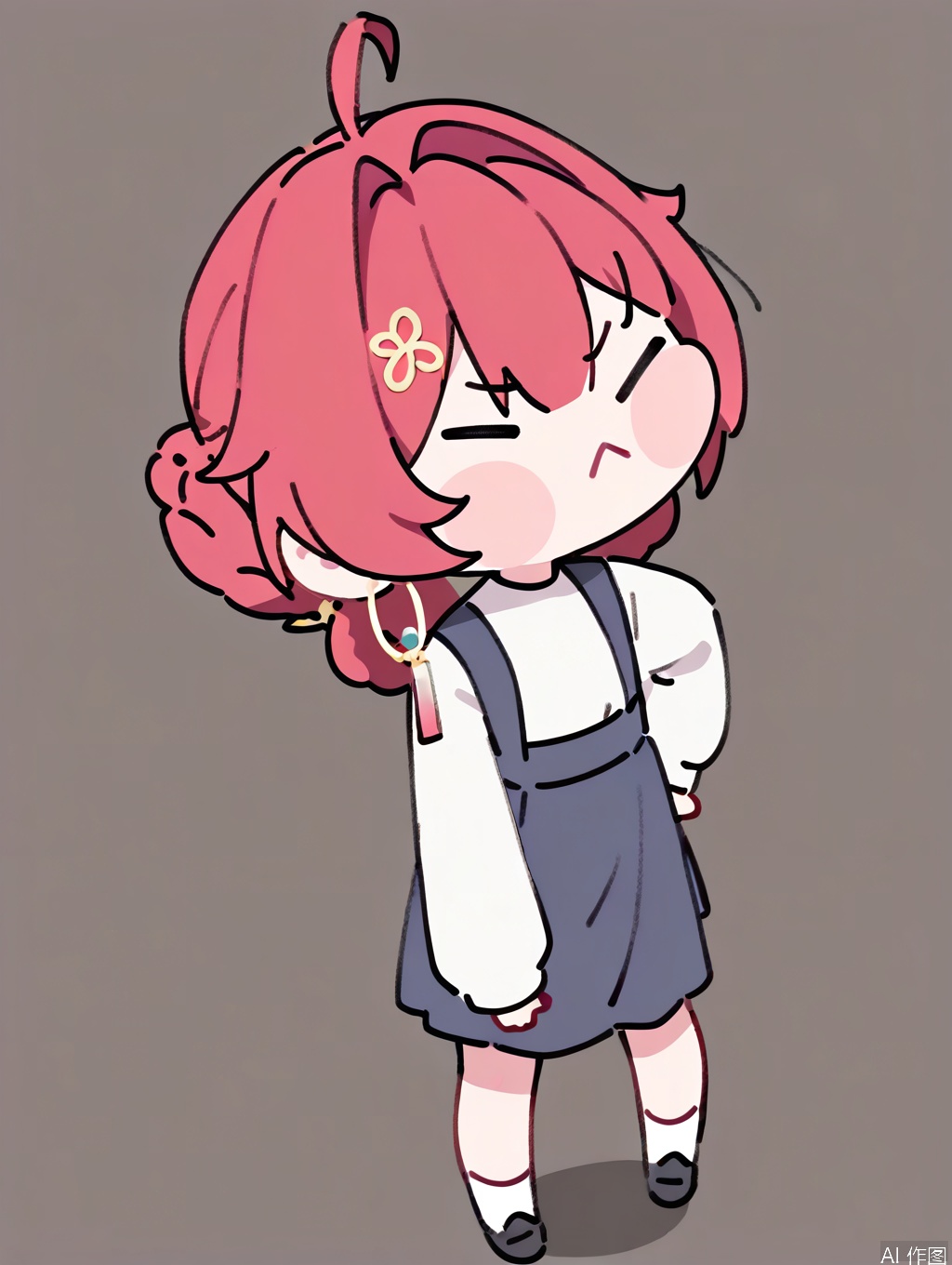 masterpiece,best quality,newest,absurdres,highres,very awa, danjin, danjin\(wuthering waves\), 1girl, dark blue suspender_skirt, long sleeves, white shirt, white socks, braid buns, earrings, smile,  black loafer, stickers, chibi, :<>, simple background,