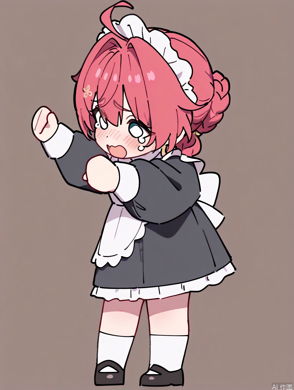 masterpiece,best quality,newest,absurdres,highres,very awa, danjin, danjin\(wuthering waves\), 1girl, maid_dress, long sleeves, white socks, maid_costume, braid buns, earrings,  black loafer, stickers, chibi, crying, tears, simple background,