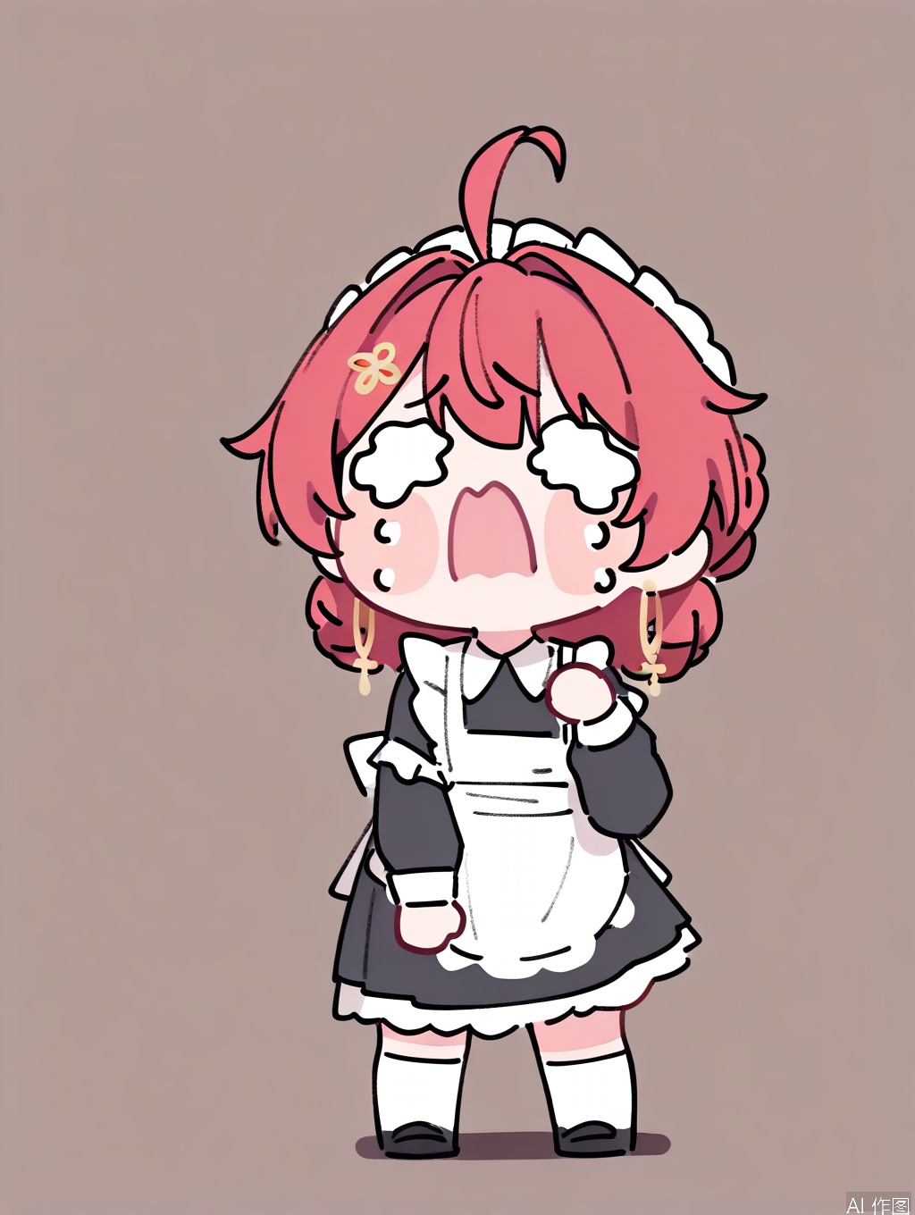 masterpiece,best quality,newest,absurdres,highres,very awa, danjin, danjin\(wuthering waves\), 1girl, maid_dress, long sleeves, white socks, maid_costume, braid buns, earrings,  black loafer, stickers, chibi, crying, tears, simple background,