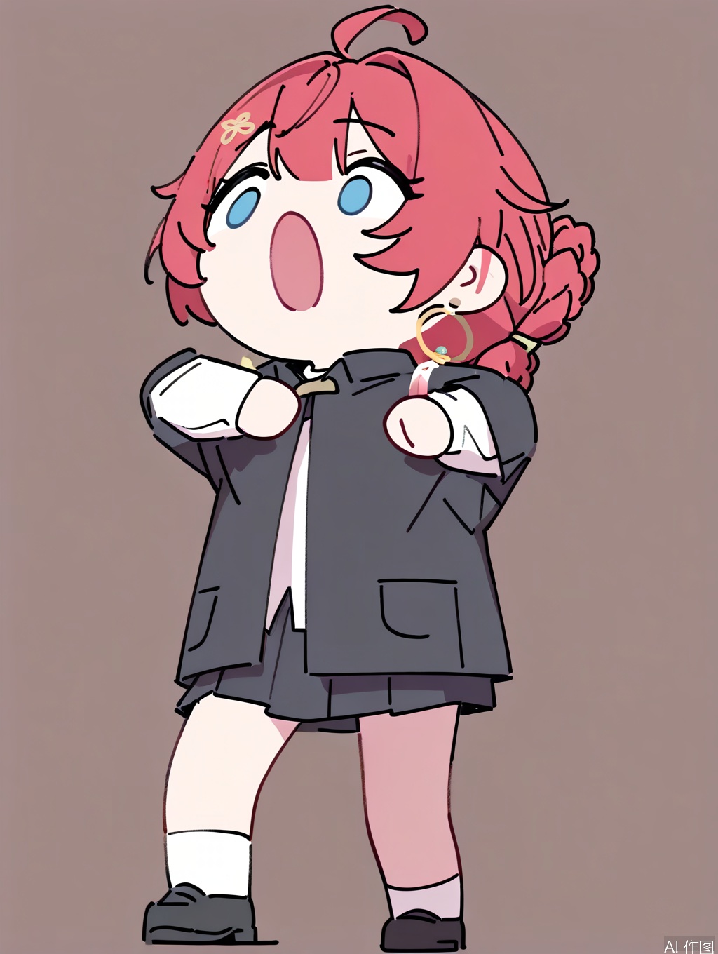masterpiece,best quality,newest,absurdres,highres,very awa, danjin, danjin\(wuthering waves\), 1girl, black jacket, long sleeves, white shirt white socks, black skirt, braid buns, earrings, smile,  black loafer, stickers, chibi, :o, simple background,