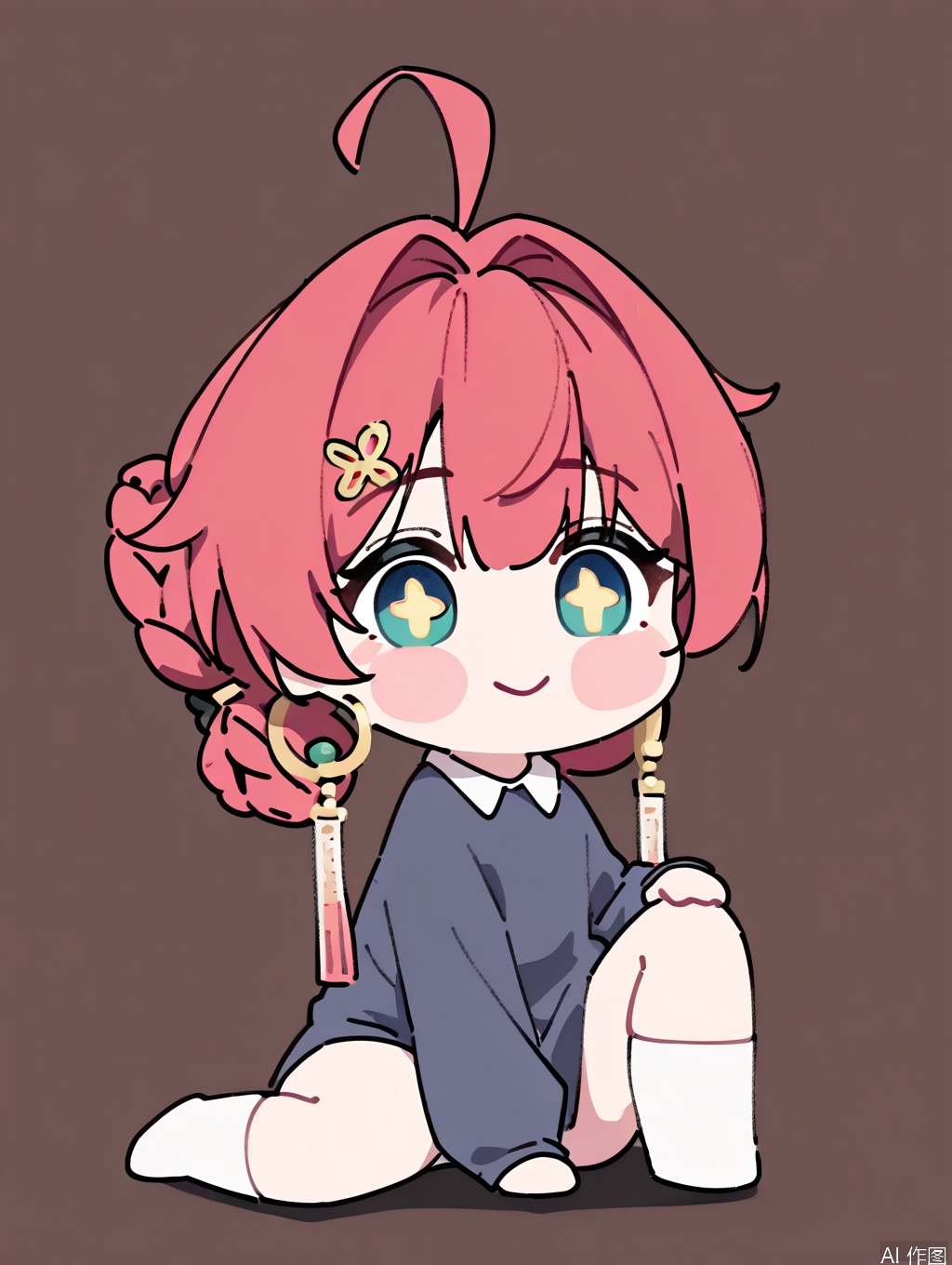 masterpiece,best quality,newest,absurdres,highres,very awa, danjin, danjin\(wuthering waves\), 1girl, pajama, long sleeves, white socks, braid buns, earrings, smile,  no_shoes, stickers, chibi, star eye, simple background,