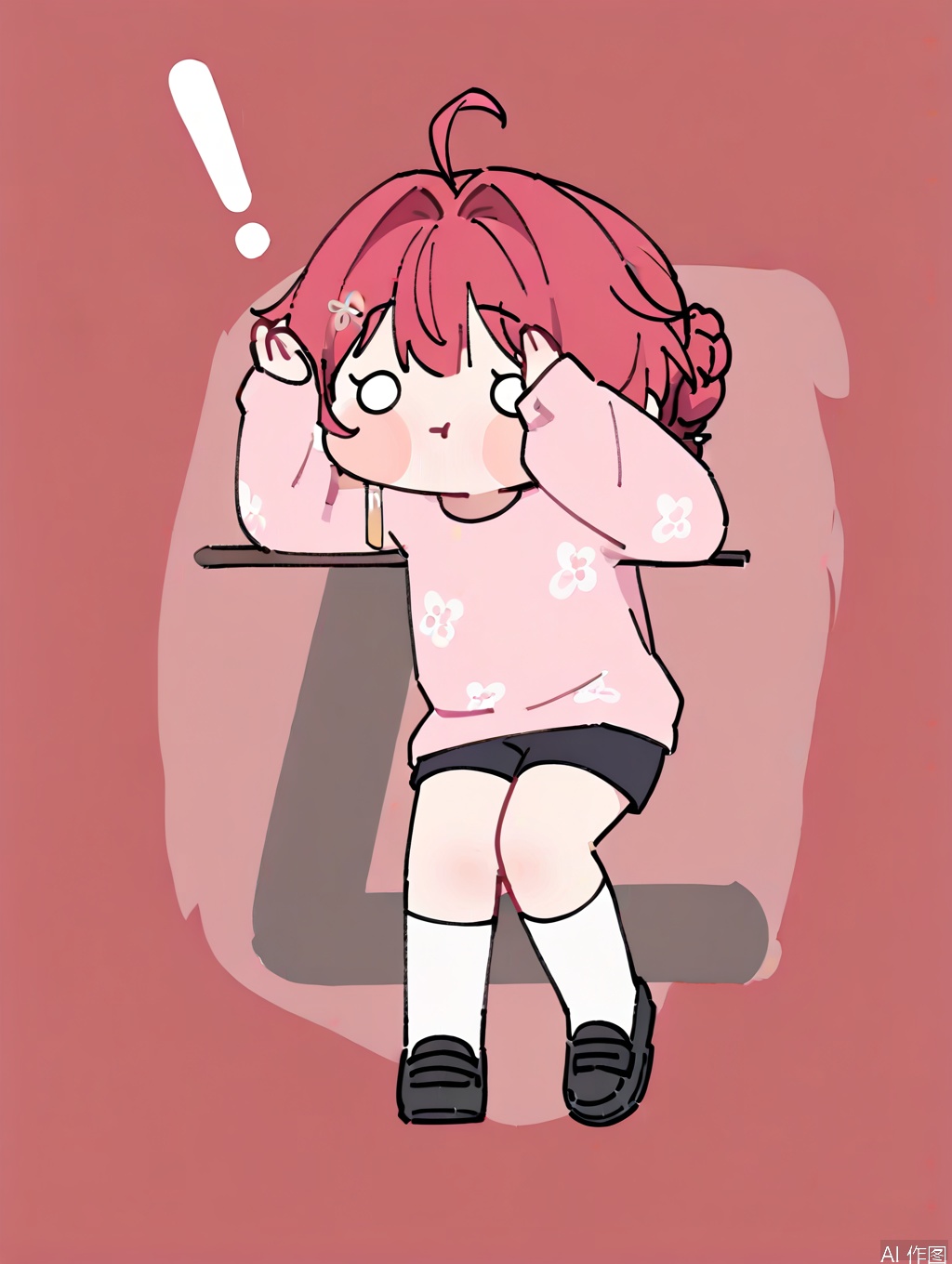masterpiece,best quality,newest,absurdres,highres,very awa, danjin, danjin\(wuthering waves\), 1girl, pink shirt, long sleeves, white socks, black shorts, braid buns, earrings,  black loafer, stickers, chibi, !, simple background,