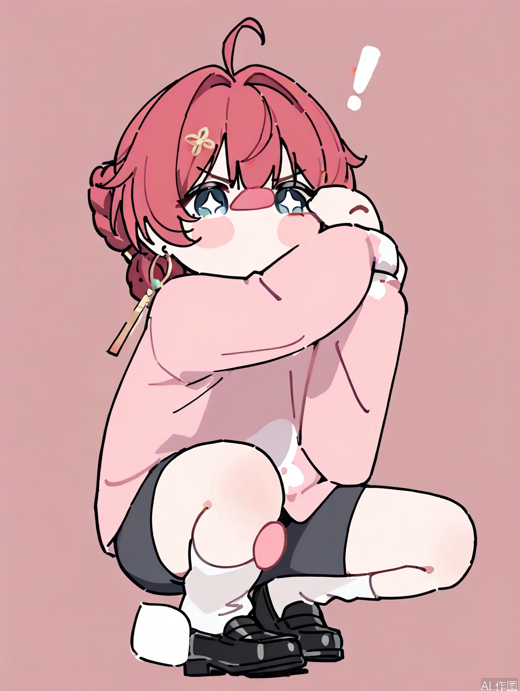 masterpiece,best quality,newest,absurdres,highres,very awa, danjin, danjin\(wuthering waves\), 1girl, pink shirt, long sleeves, white socks, black shorts, braid buns, earrings,  black loafer, stickers, chibi, !, simple background,