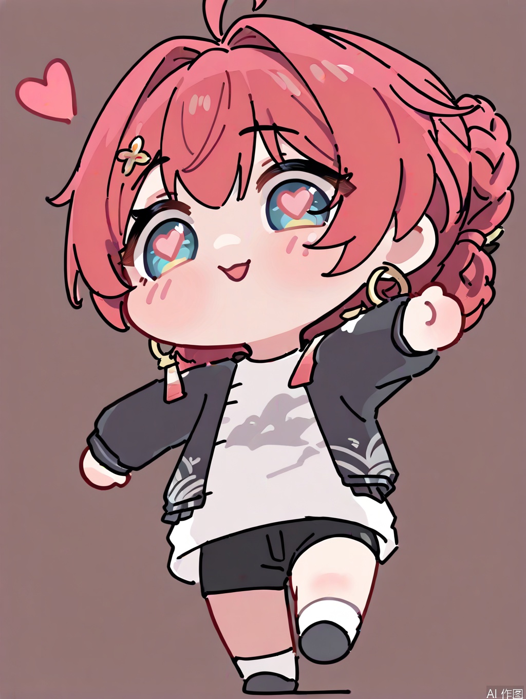masterpiece,best quality,newest,absurdres,highres,very awa, danjin, danjin\(wuthering waves\), 1girl, baseball jacket, white shirt, long sleeves, white socks, black shorts, braid buns, earrings,  black loafer, stickers, chibi, heart eye, simple background,
