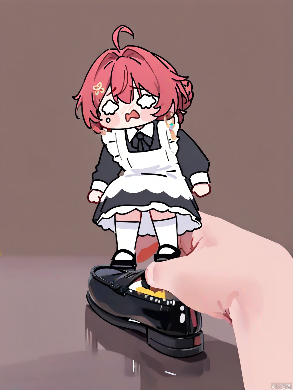 masterpiece,best quality,newest,absurdres,highres,very awa, danjin, danjin\(wuthering waves\), 1girl, maid_dress, long sleeves, white socks, maid_costume, braid buns, earrings,  black loafer, stickers, chibi, crying, tears, simple background,