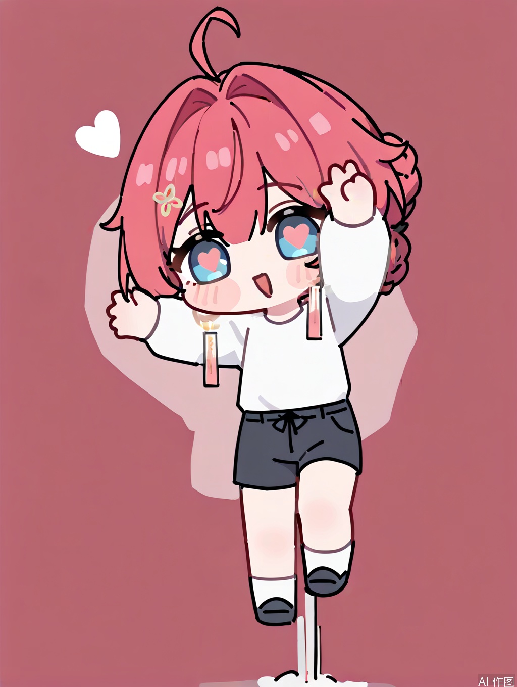 masterpiece,best quality,newest,absurdres,highres,very awa, danjin, danjin\(wuthering waves\), 1girl, baseball jacket, white shirt, long sleeves, white socks, black shorts, braid buns, earrings,  black loafer, stickers, chibi, heart eye, simple background,