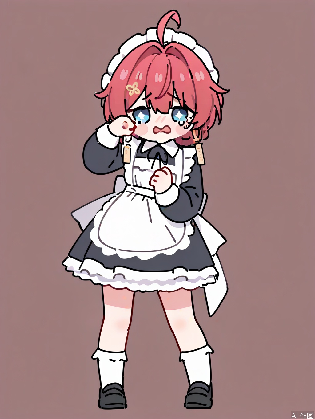 masterpiece,best quality,newest,absurdres,highres,very awa, danjin, danjin\(wuthering waves\), 1girl, maid_dress, long sleeves, white socks, maid_costume, braid buns, earrings,  black loafer, stickers, chibi, crying, tears, simple background,