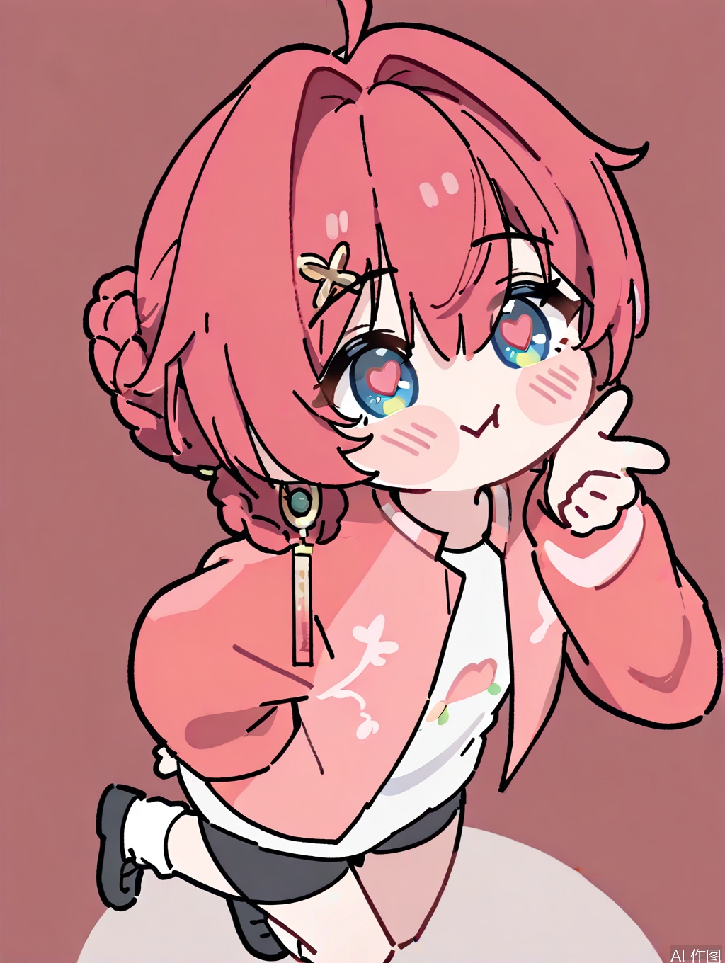 masterpiece,best quality,newest,absurdres,highres,very awa, danjin, danjin\(wuthering waves\), 1girl, baseball jacket, white shirt, long sleeves, white socks, black shorts, braid buns, earrings,  black loafer, stickers, chibi, heart eye, simple background,