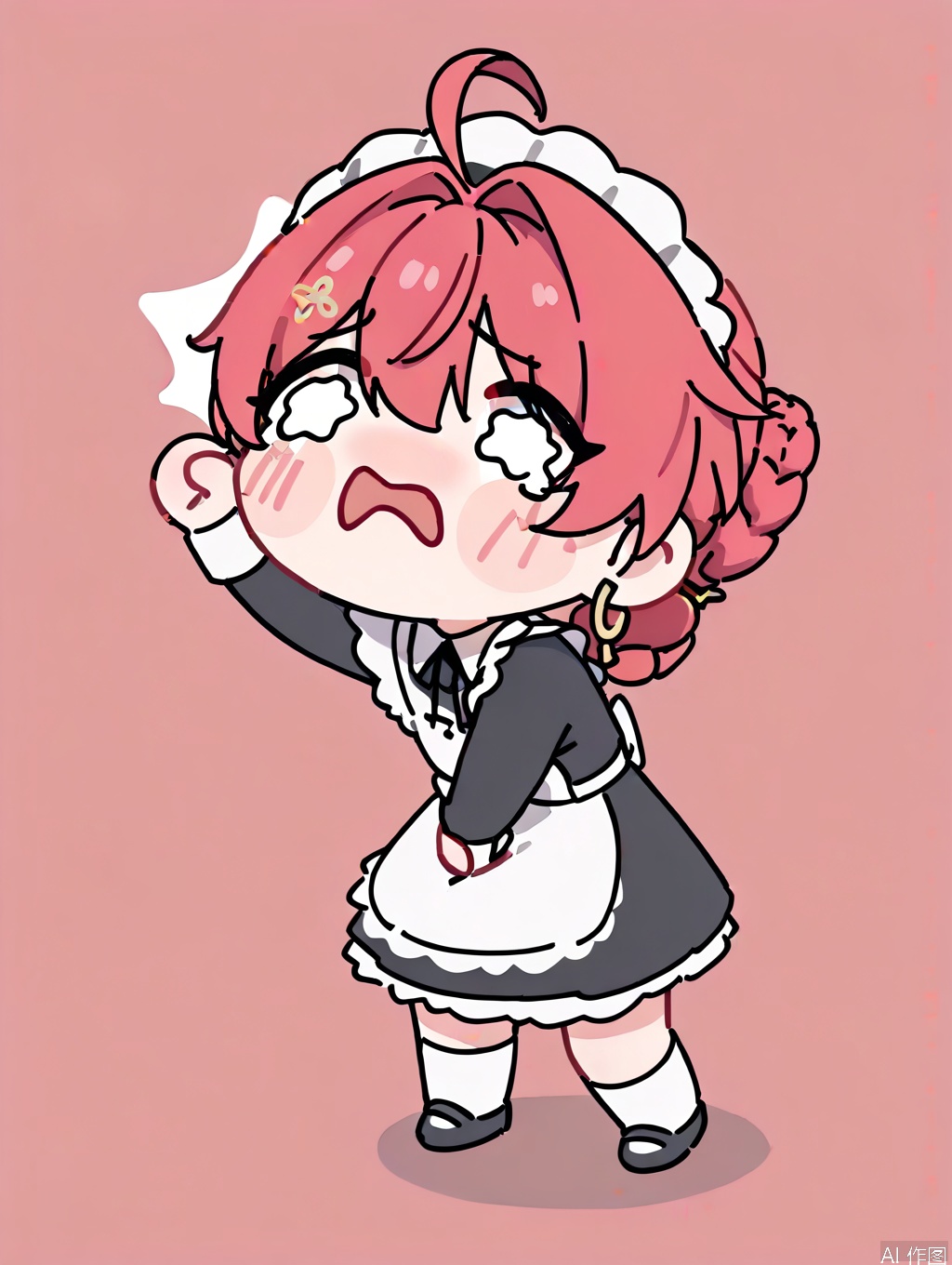 masterpiece,best quality,newest,absurdres,highres,very awa, danjin, danjin\(wuthering waves\), 1girl, maid_dress, long sleeves, white socks, maid_costume, braid buns, earrings,  black loafer, stickers, chibi, crying, tears, simple background,