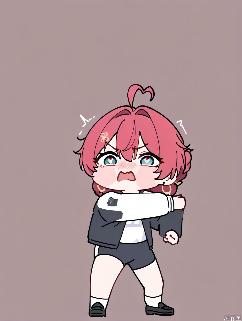 masterpiece,best quality,newest,absurdres,highres,very awa, danjin, danjin\(wuthering waves\), 1girl, baseball jacket, white shirt, long sleeves, white socks, black shorts, braid buns, earrings,  black loafer, stickers, chibi, heart eye, simple background,