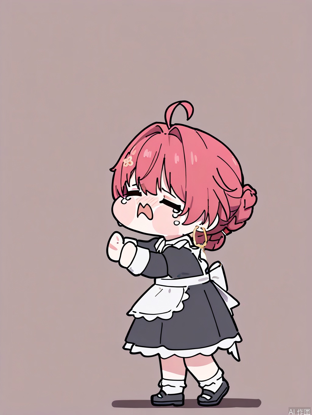 masterpiece,best quality,newest,absurdres,highres,very awa, danjin, danjin\(wuthering waves\), 1girl, maid_dress, long sleeves, white socks, maid_costume, braid buns, earrings,  black loafer, stickers, chibi, crying, tears, simple background,