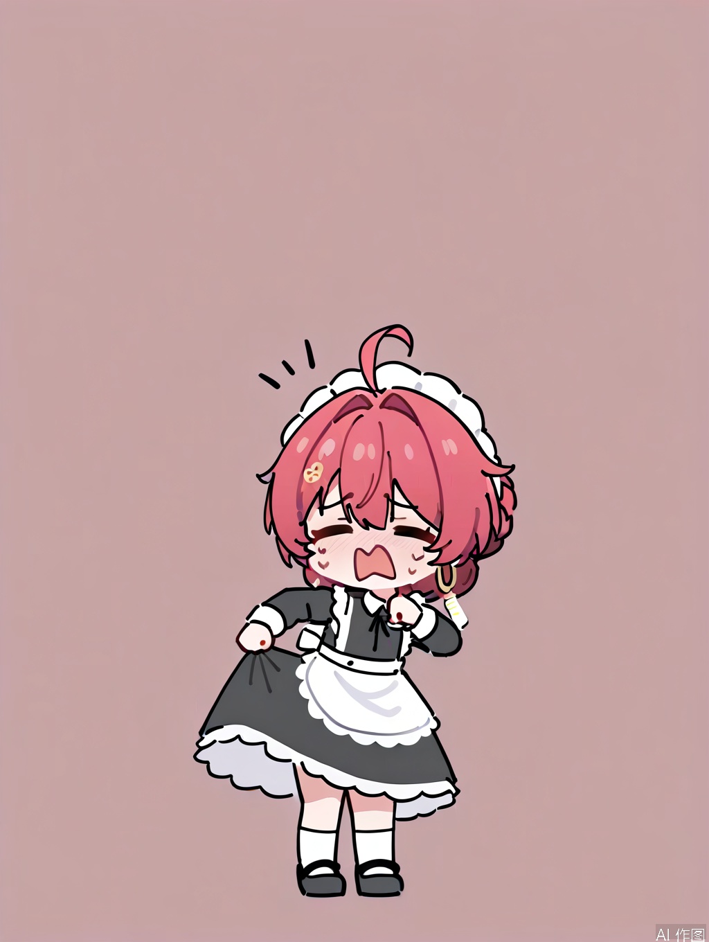 masterpiece,best quality,newest,absurdres,highres,very awa, danjin, danjin\(wuthering waves\), 1girl, maid_dress, long sleeves, white socks, maid_costume, braid buns, earrings,  black loafer, stickers, chibi, crying, tears, simple background,