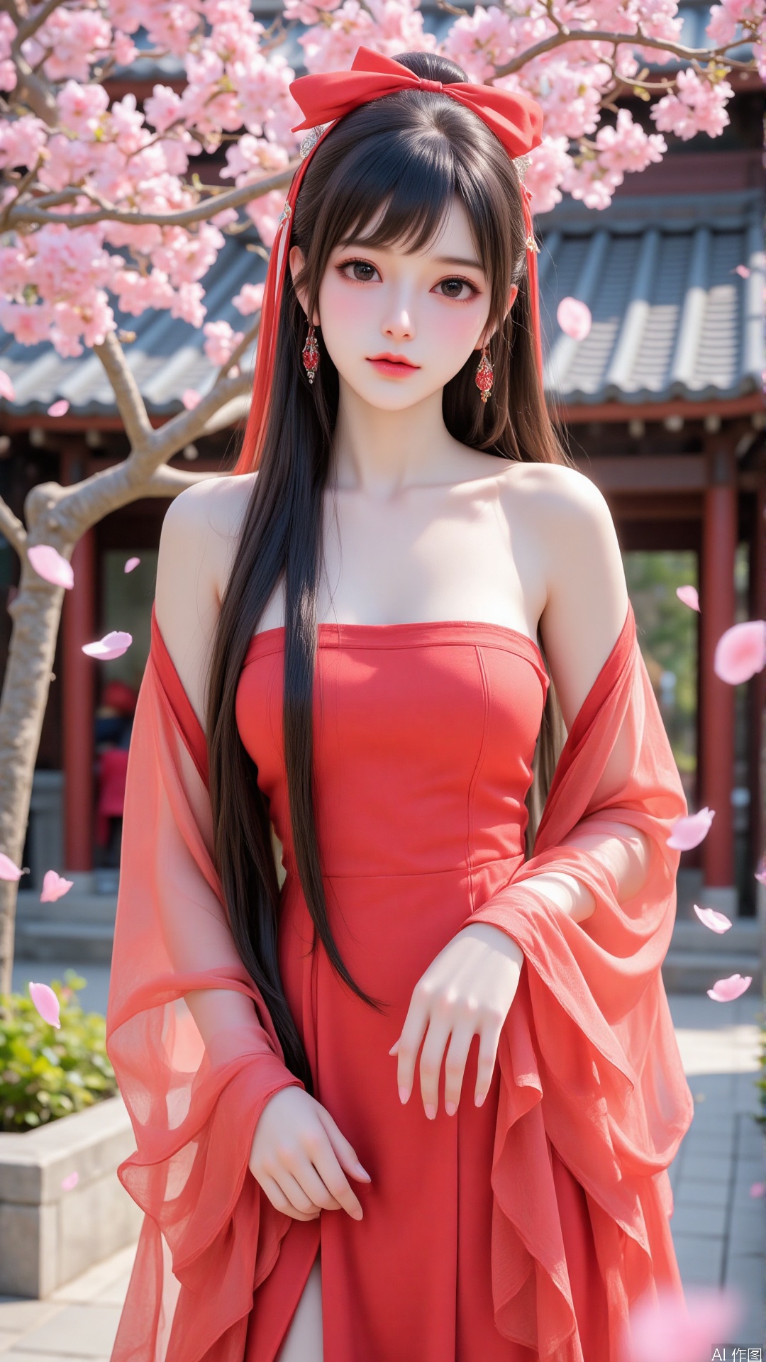 1girl,solo,jewelry,flower,hair ornament,dress,looking at viewer,earrings,red dress,hair flower,red lips,black hair,outdoors,chinese clothes,petals,architecture,bangs,east asian architecture,makeup,long sleeves,ribbon,bare shoulders,cowboy shot,see-through,hanfu,red ribbon,breasts,collarbone,hair bun,blurry,detached sleeves,see-through sleeves,tassel,day,blush,sleeveless,watermark,small breasts,blurry background,shawl,falling petals,hair ribbon,parted lips,long hair,,ww