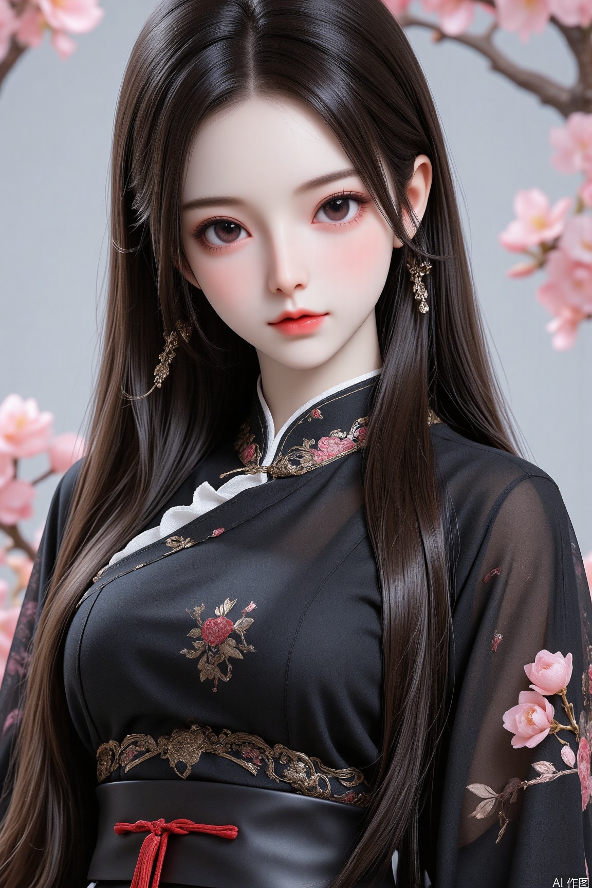 Beautiful sister, 3D baby face, cold white skin, peach eyes, slender eyes, slightly narrowed eyes, long hair, delicate hair depicting black Chinese style clothing, new Chinese style, tassel belt, near dimension, ultra-hazy painting style, secondary dimension, hair, white, red,girl
