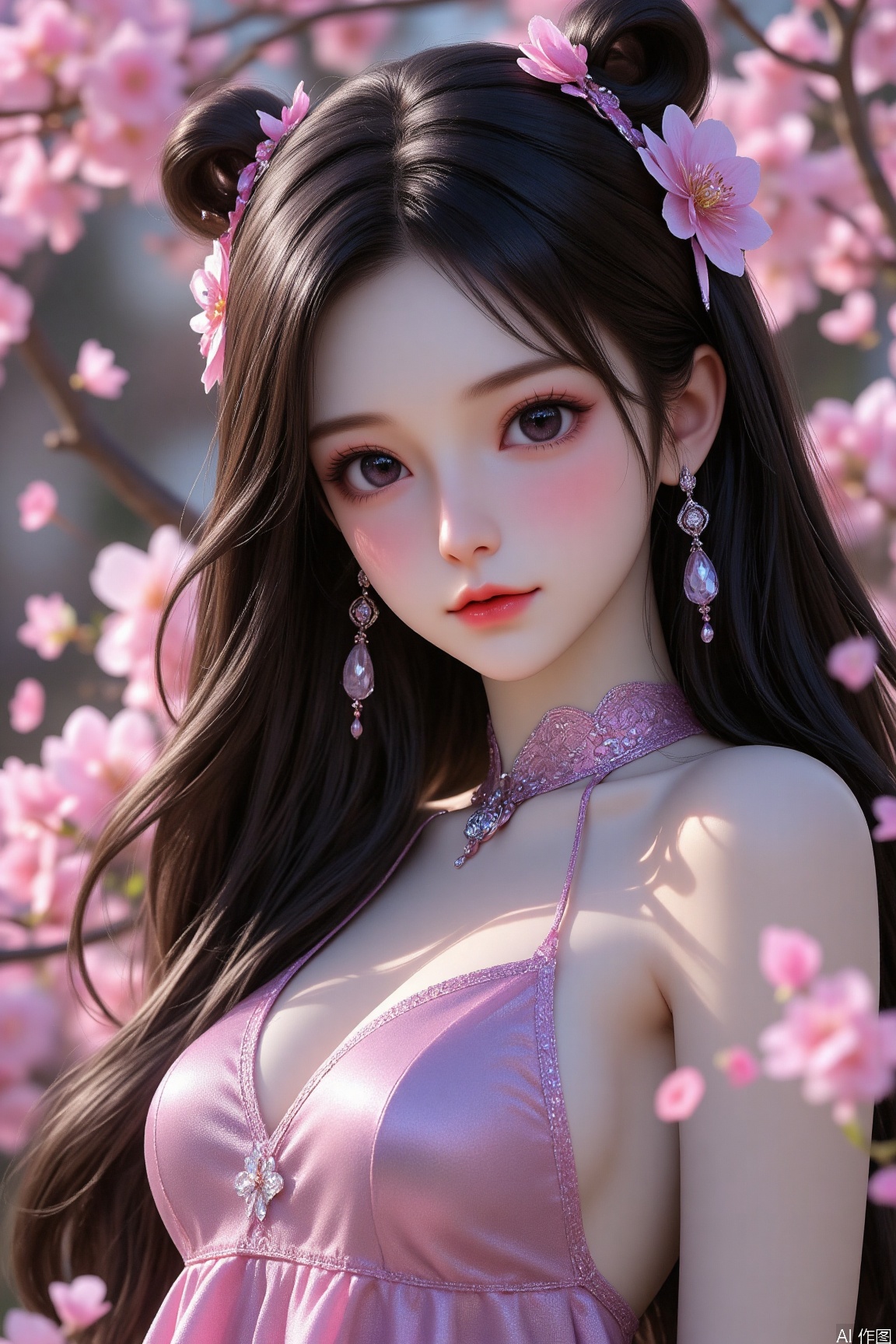 Ultra-high definition, 8K image quality, rich details, natural and true light and shadow, bright and full colors, masterpiece, best quality,1girl,long hair,black hair,halter dress,hair flower,petals,ear ornament,longeyelashes,necklace,