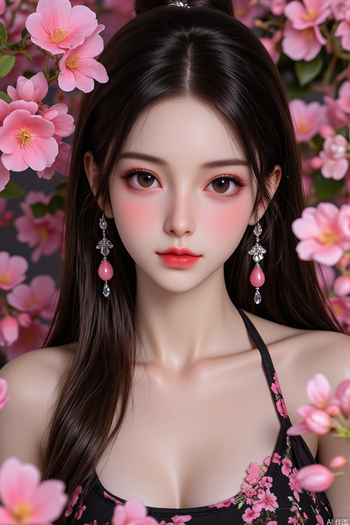Ultra-high definition, 8K image quality, rich details, natural and true light and shadow, bright and full colors, masterpiece, best quality,1girl,long hair,black hair,halter dress,hair flower,petals,ear ornament,longeyelashes,necklace,