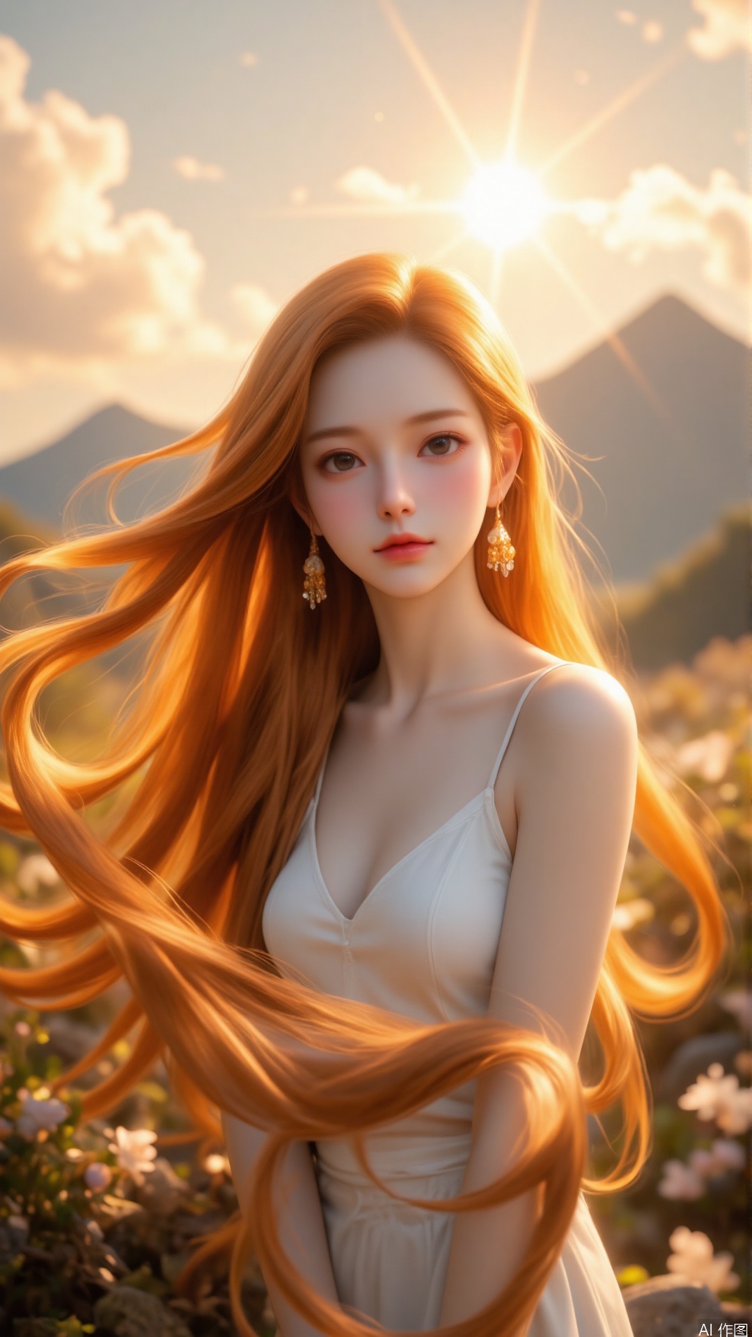 A beautiful and youthful Korean model, 20 years old, showcases her striking looks with a slender body, perfect face, exquisite eyes, and luscious lips., Envision a photorealistic portrait capturing the ethereal beauty of a woman with long, flowing hair in vibrant hues of sunset orange and gold, her face illuminated by the gentle light of an unseen source as she gazes pensively into the distance. The background features a dreamlike landscape that blurs the lines between reality and fantasy, with distant mountains shrouded in mist, their peaks touched by golden rays of sunlight. This striking image should evoke a sense of both tranquility and longing, inviting viewers to connect with the subject's emotions as they ponder life's mysteries within this surreal yet enchanting tableau.,ww