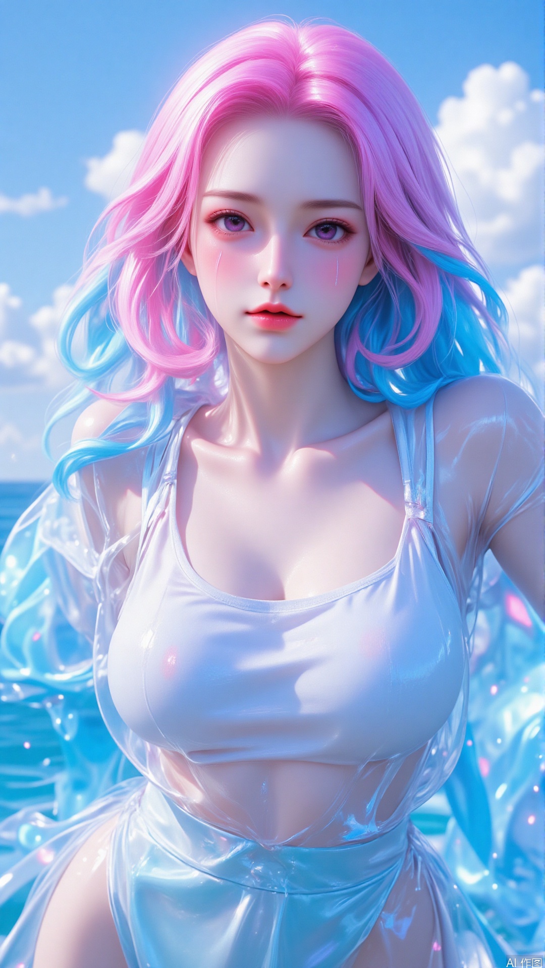 masterpiece,bestquality,superwideangle,1girl,pinkandbluehair,,cuteanimeface,tears,masterpiece,transparentcolorPVCclothing,transparentcolorvinylclothing,wholebody,glitchlump}onface,smile,mediumhair,filmgrain,lens_flare,colorful,chromaticaberration,dynamicpov,closedmouth,Intenseemotionalexpression:death,glitchart,ultra-detailed,extremelydelicateandbeautiful,albumcover,album,albumdescription,Pixilationonface,Doubleexposure,ChromaticAberration,Lightleaks,Noiseandgrain,Colordegradation,Glitchlettering,art,abstractart,geometry,clearlines,squares,bright,limitedpalette,{canonicalcomposition},neatdiagonalstripedbackground,{{bluewithwhitestripedbackground}},{limitedpalette},flatcolored,blueandwhite,ww