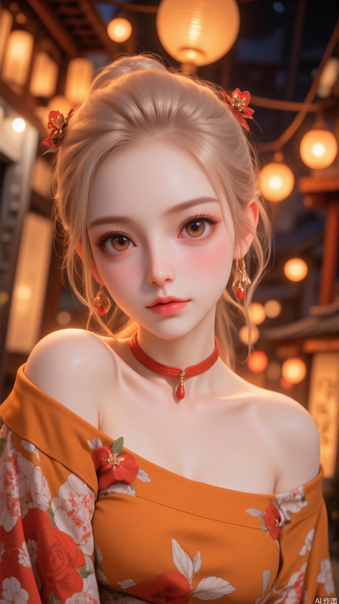 YY Anime style,
This is a highly detailed digital illustration of a young woman with an anime style, depicted in a fantasy setting. The woman has pale skin, large, almond-shaped amber eyes with a slight glint, and a delicate, heart-shaped face. Her hair is a striking, voluminous blonde, styled in an updo with two large, red hair clips. She wears a traditional, off-the-shoulder kimono with intricate, flowing fabric in shades of orange and white, accentuated by a red choker around her neck. A small, stylized red and white flower is tattooed on her upper left shoulder. 

The background features a night scene with a traditional Japanese lantern-lit street, giving a warm, golden glow to the scene. The lanterns create a mesmerizing, bokeh-like effect, adding depth and a dreamlike quality to the image. The overall color palette is rich and vibrant, with warm tones dominating the scene, contrasting with the cool tones of her skin and hair. The illustration is highly detailed, showcasing the artist's mastery in digital art, with a focus on realism and intricate textures. The image exudes a sense of ethereal beauty and mystery. ,ww