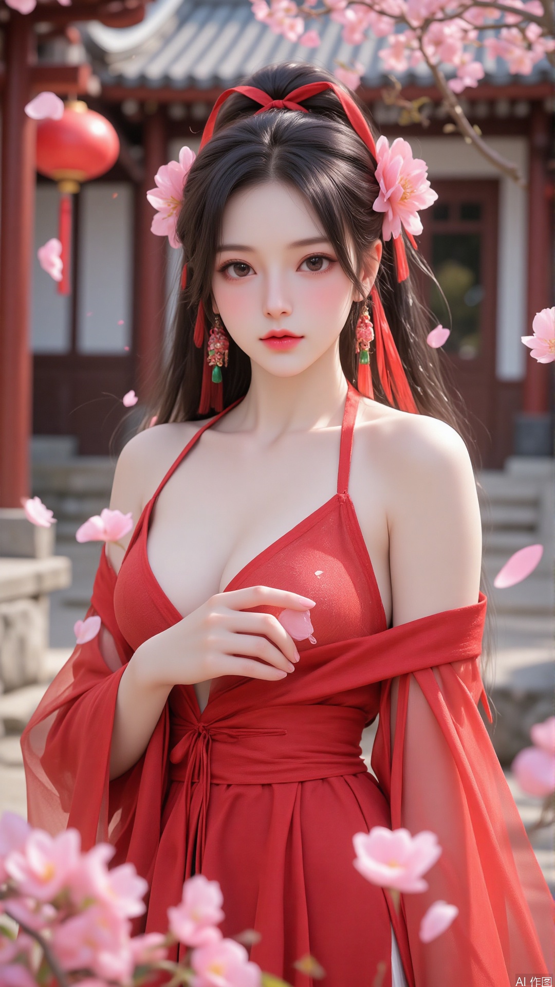 1girl,solo,jewelry,flower,hair ornament,dress,looking at viewer,earrings,red dress,hair flower,red lips,black hair,outdoors,chinese clothes,petals,architecture,bangs,east asian architecture,makeup,long sleeves,ribbon,bare shoulders,cowboy shot,see-through,hanfu,red ribbon,breasts,collarbone,hair bun,blurry,detached sleeves,see-through sleeves,tassel,day,blush,sleeveless,watermark,small breasts,blurry background,shawl,falling petals,hair ribbon,parted lips,long hair,,ww