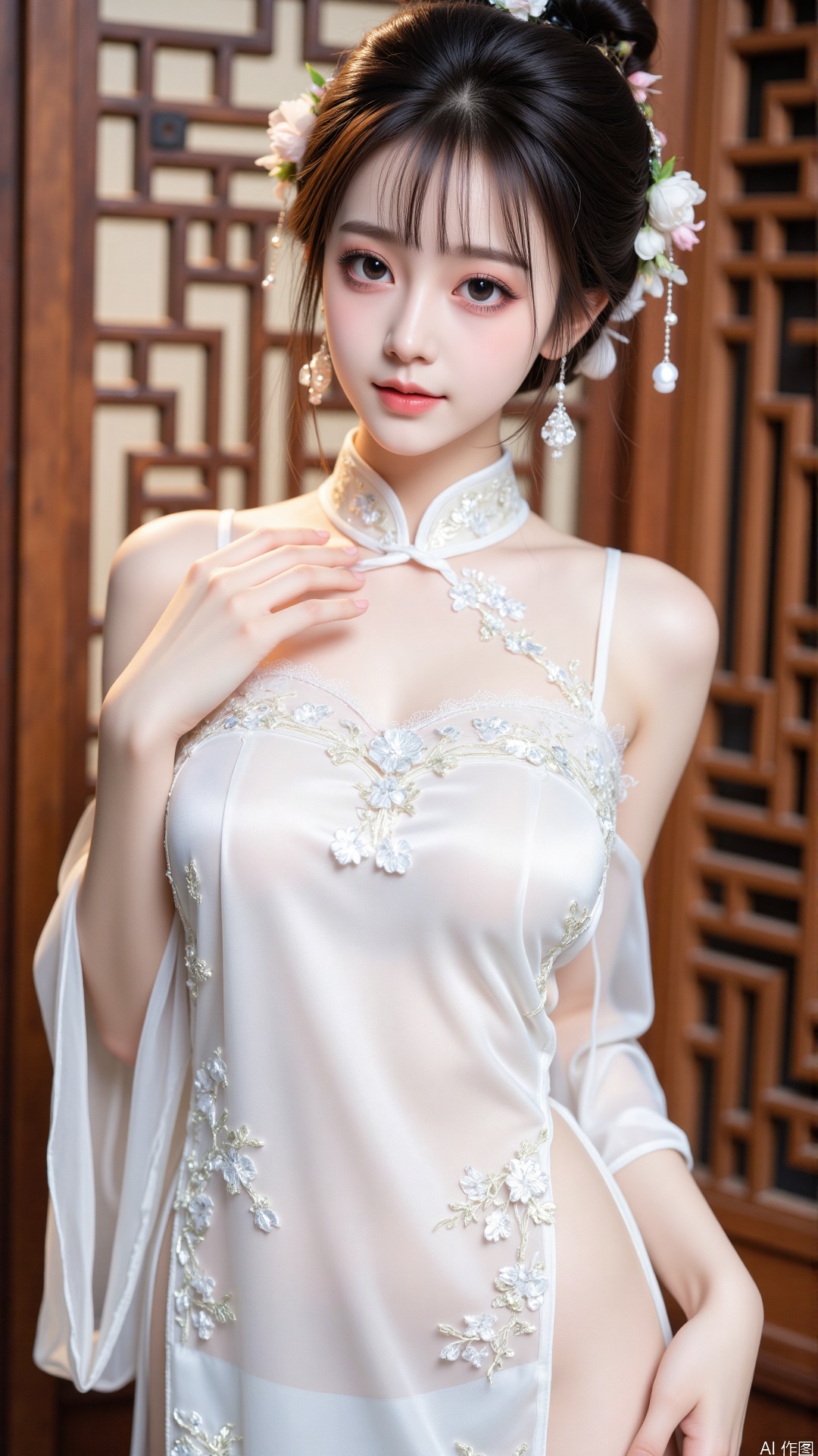 bright analog film style,fine detail,yige,An Asian female star,AJFQP,AJFQP,Realistic Skin,AJFCY,A beautifully styled portrait featuring a character in a stunning,intricately embroidered white cheongsam,showcasing elegance and traditional charm. The dress is adorned with delicate floral patterns and sequins,reflecting light and adding a luxurious touch. The background features a soft-focus wooden lattice design,creating depth and a cultural ambiance. The lighting is warm and natural,enhancing the texture of the fabric and the intricate details of the outfit. The character poses gracefully with one hand gently holding part of the dress,displaying a poised and confident expression. Accessories include floral hairpins and earrings that complement the outfit,further enhancing the overall aesthetic,closed mouth,Detailed hand,Detailed feet,posing,detailed image,perfection style,hle,girl