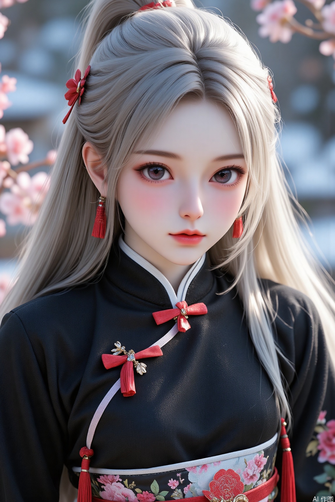 Beautiful sister, 3D baby face, cold white skin, peach eyes, slender eyes, slightly narrowed eyes, long hair, delicate hair depicting black Chinese style clothing, new Chinese style, tassel belt, near dimension, ultra-hazy painting style, secondary dimension, hair, white, red,girl