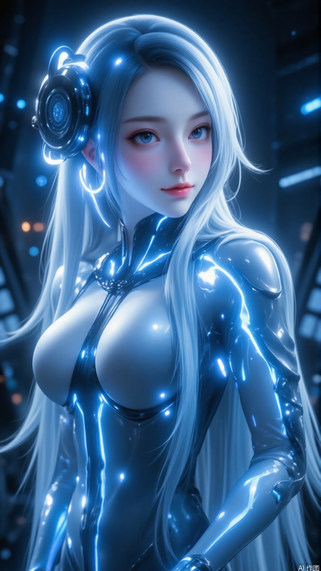 1 girl, alone, very long hair, white hair, closed mouth, smile, head-mounted visor, monitor, dark, blushing, head tilt. A stunning holographic AI assistant, glowing with futuristic blue and silver hues, sleek and sophisticated, wearing a stylish, form-fitting outfit with shimmering digital patterns. Her hair is soft and flowing, with a gentle holographic glow. The background is a futuristic control room filled with advanced technology and holographic displays. She appears to be reading brainwaves and emotions, with a calm and empathetic expression, ready to provide the best solutions and support. Highly detailed, ultra-realistic, 8K resolution, with a cyberpunk aesthetic and a touch of elegance.