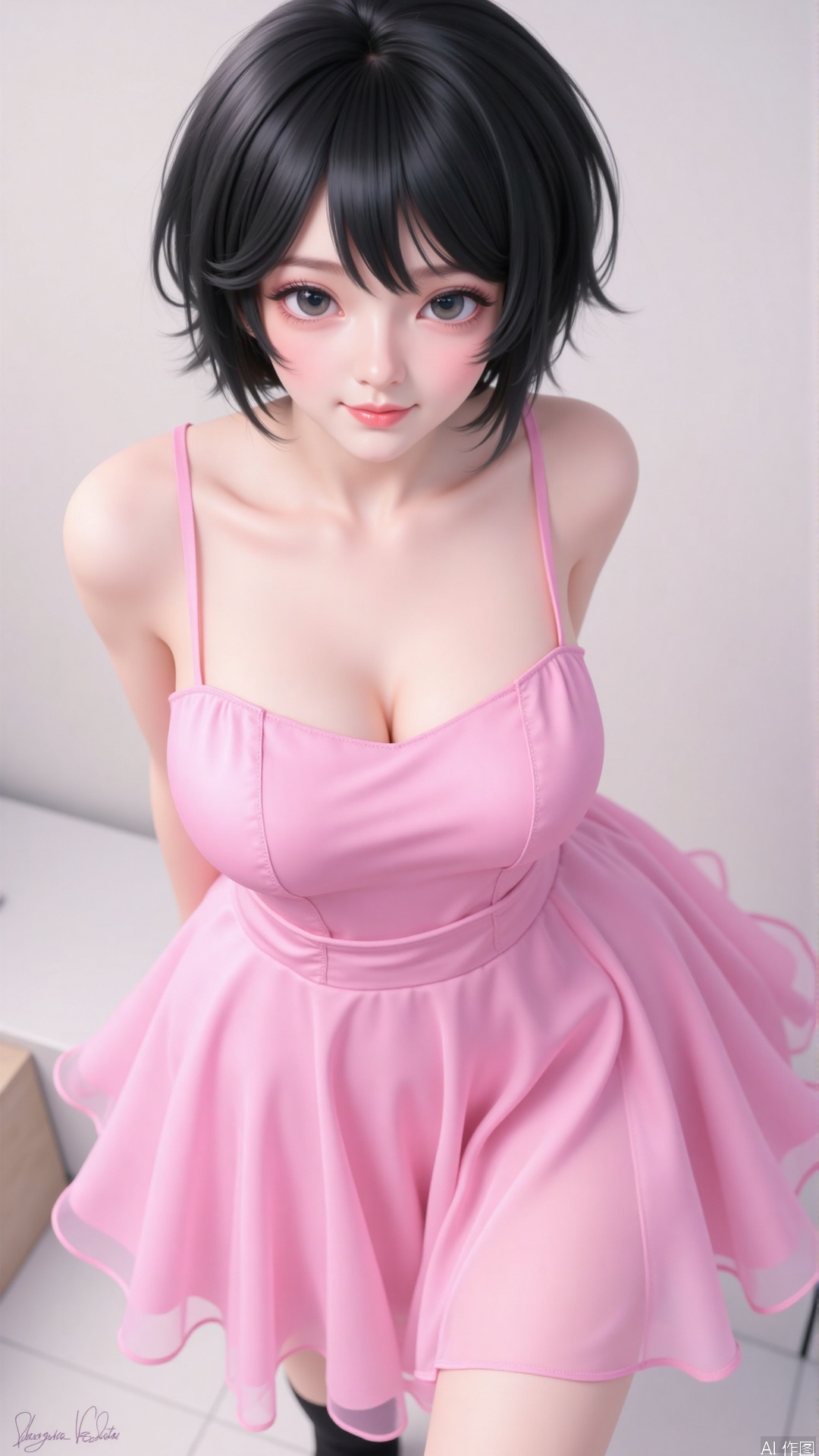 best quality,highly detailed,masterpiece,ultra-detailed,illustration,1girl,upper_body,big breast,an extremely delicate and beautiful girl,beautiful detailed eyes,8k_wallpaper,beautiful detailed girl,looking_at_viewers,messy_hair,short hair,comic,smirk,mole under eye,looking up,student,mature female,gorgeous,beautiful detailed eyes,Bare navel,Bare thigh,Bare shoulders,black silk stocking,pink lucency full dress,artbook,black hair,ww