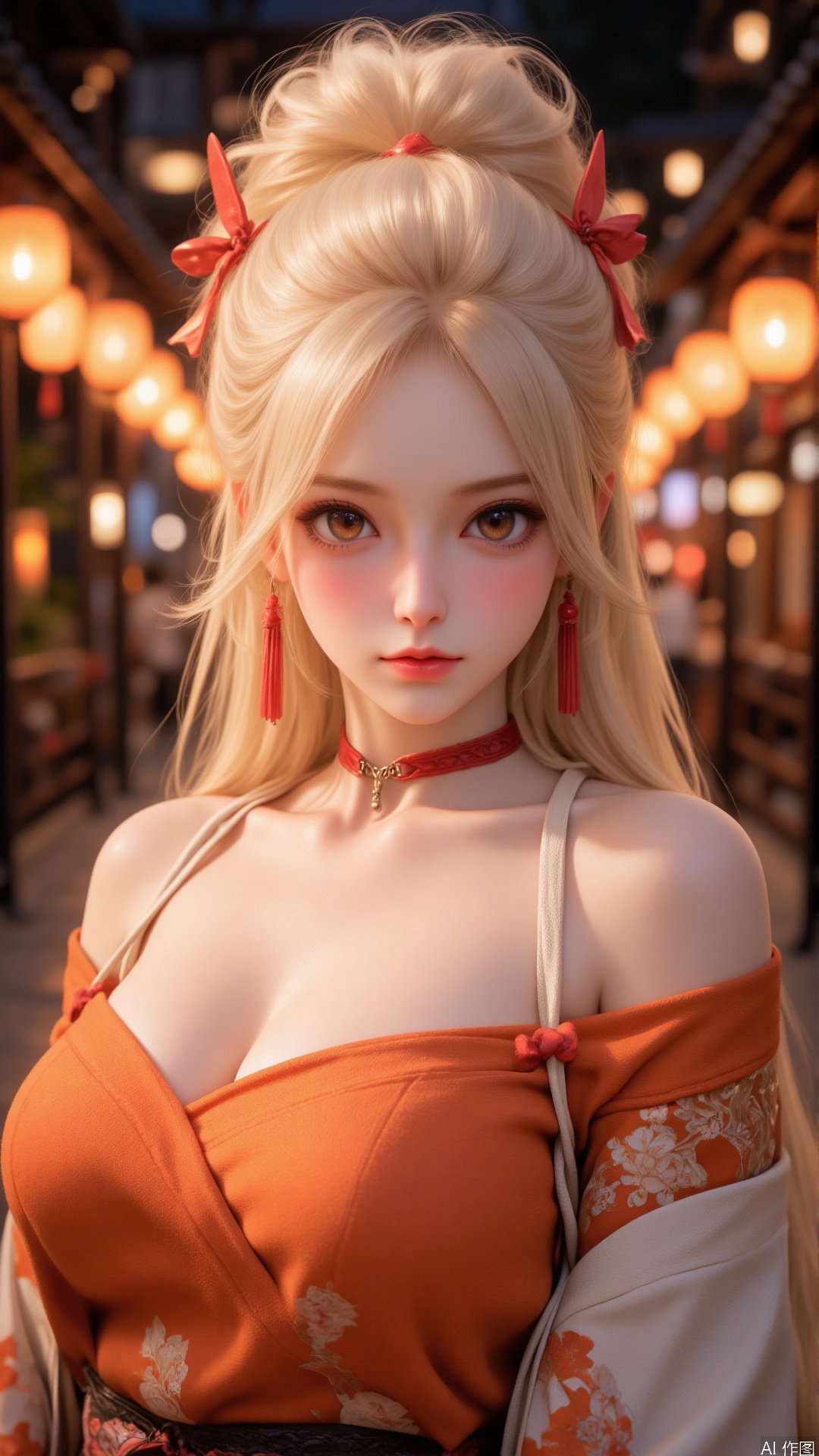 YY Anime style,
This is a highly detailed digital illustration of a young woman with an anime style, depicted in a fantasy setting. The woman has pale skin, large, almond-shaped amber eyes with a slight glint, and a delicate, heart-shaped face. Her hair is a striking, voluminous blonde, styled in an updo with two large, red hair clips. She wears a traditional, off-the-shoulder kimono with intricate, flowing fabric in shades of orange and white, accentuated by a red choker around her neck. A small, stylized red and white flower is tattooed on her upper left shoulder. 

The background features a night scene with a traditional Japanese lantern-lit street, giving a warm, golden glow to the scene. The lanterns create a mesmerizing, bokeh-like effect, adding depth and a dreamlike quality to the image. The overall color palette is rich and vibrant, with warm tones dominating the scene, contrasting with the cool tones of her skin and hair. The illustration is highly detailed, showcasing the artist's mastery in digital art, with a focus on realism and intricate textures. The image exudes a sense of ethereal beauty and mystery. ,ww