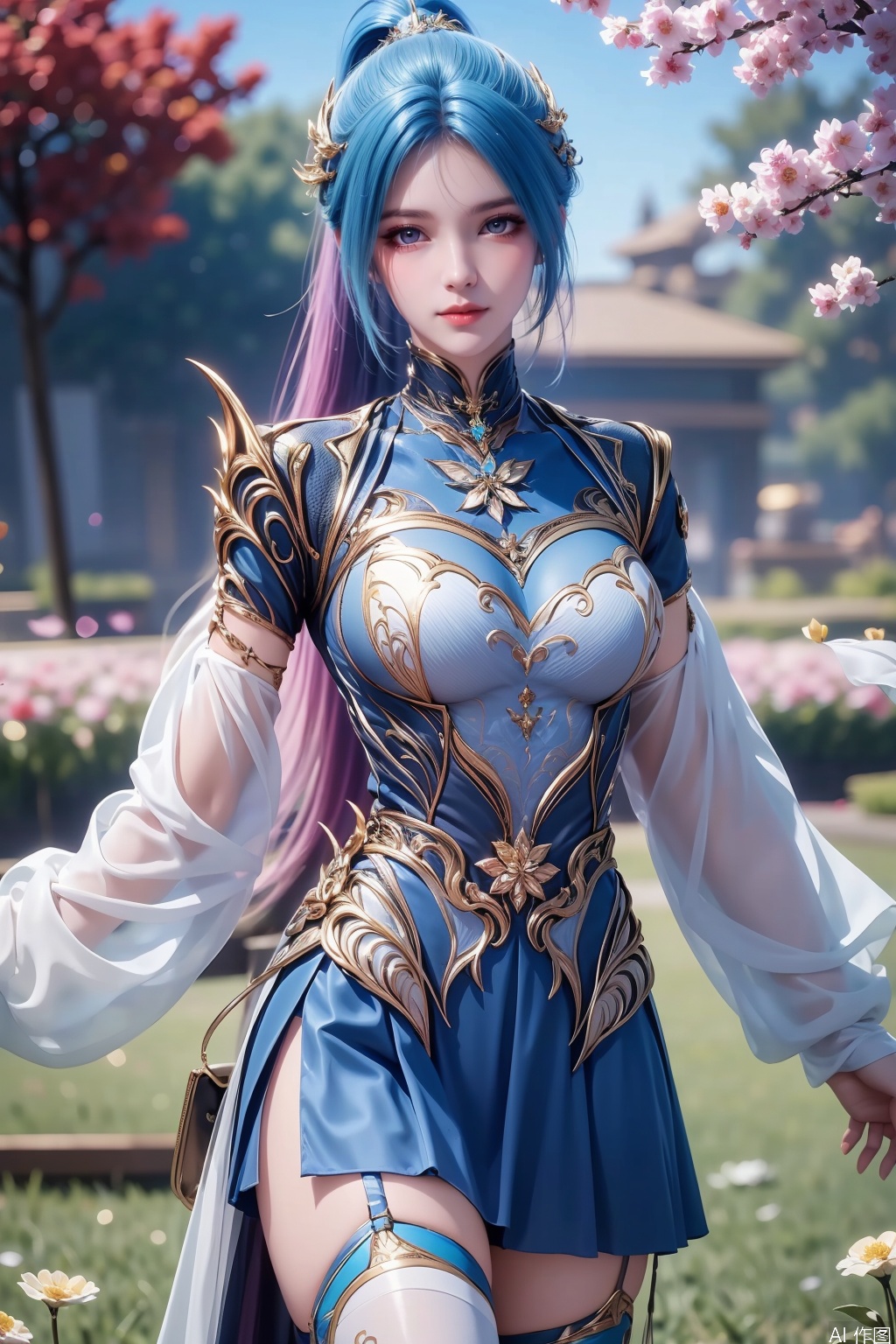 1girl, solo, long hair, blue eyes, hair ornament, dress, closed mouth, blue hair, ponytail, multicolored hair, gradient hair,masterpiece,best quality,official art,extremely detailed CG unity 8k wallpaper,Thigh exposed,thighhighs,looking at viewer,flower field,
