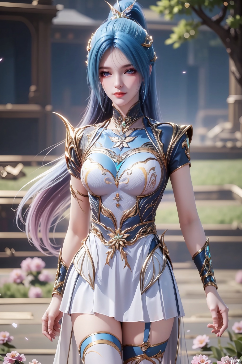 1girl, solo, long hair, blue eyes, hair ornament, dress, closed mouth, blue hair, ponytail, multicolored hair, gradient hair,masterpiece,best quality,official art,extremely detailed CG unity 8k wallpaper,Thigh exposed,thighhighs,looking at viewer,flower field,