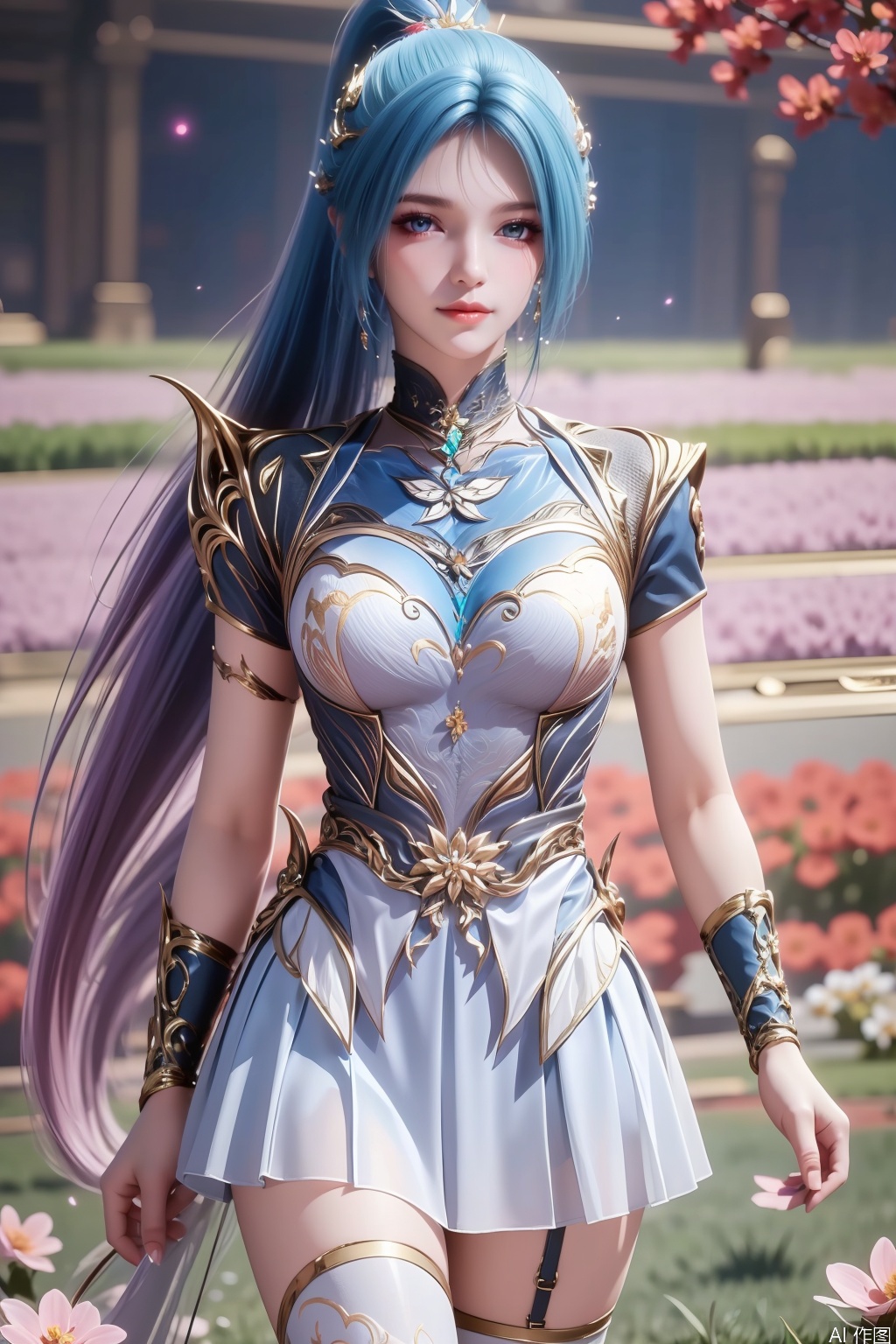 1girl, solo, long hair, blue eyes, hair ornament, dress, closed mouth, blue hair, ponytail, multicolored hair, gradient hair,masterpiece,best quality,official art,extremely detailed CG unity 8k wallpaper,Thigh exposed,thighhighs,looking at viewer,flower field,